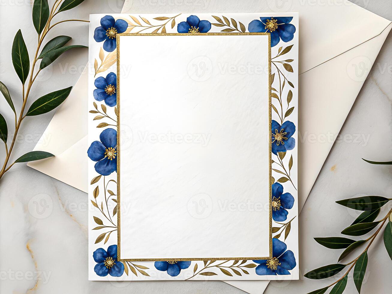 Elegant Blue Floral Border Stationery with Gold Accents photo