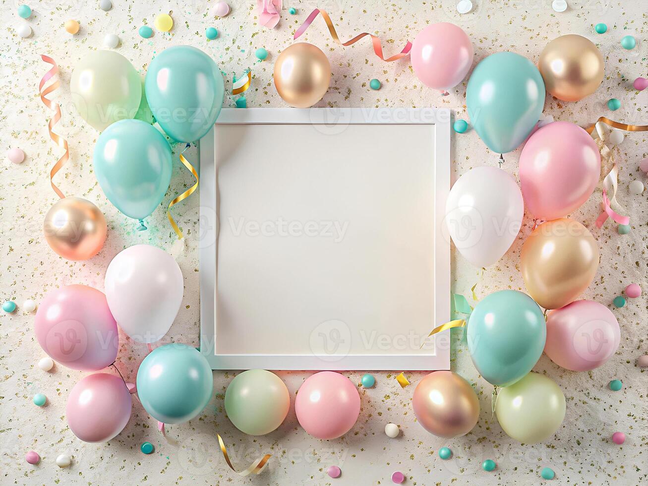 Festive Pastel Balloon Frame with Colorful Confetti. Blank Space for Custom Message photo