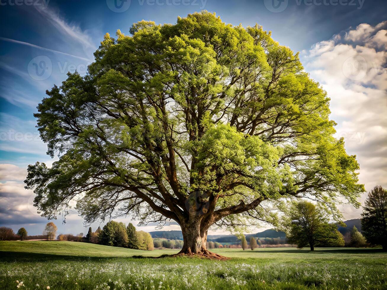 Majestic Oak Tree in Serene Meadow Under Vibrant Sky photo
