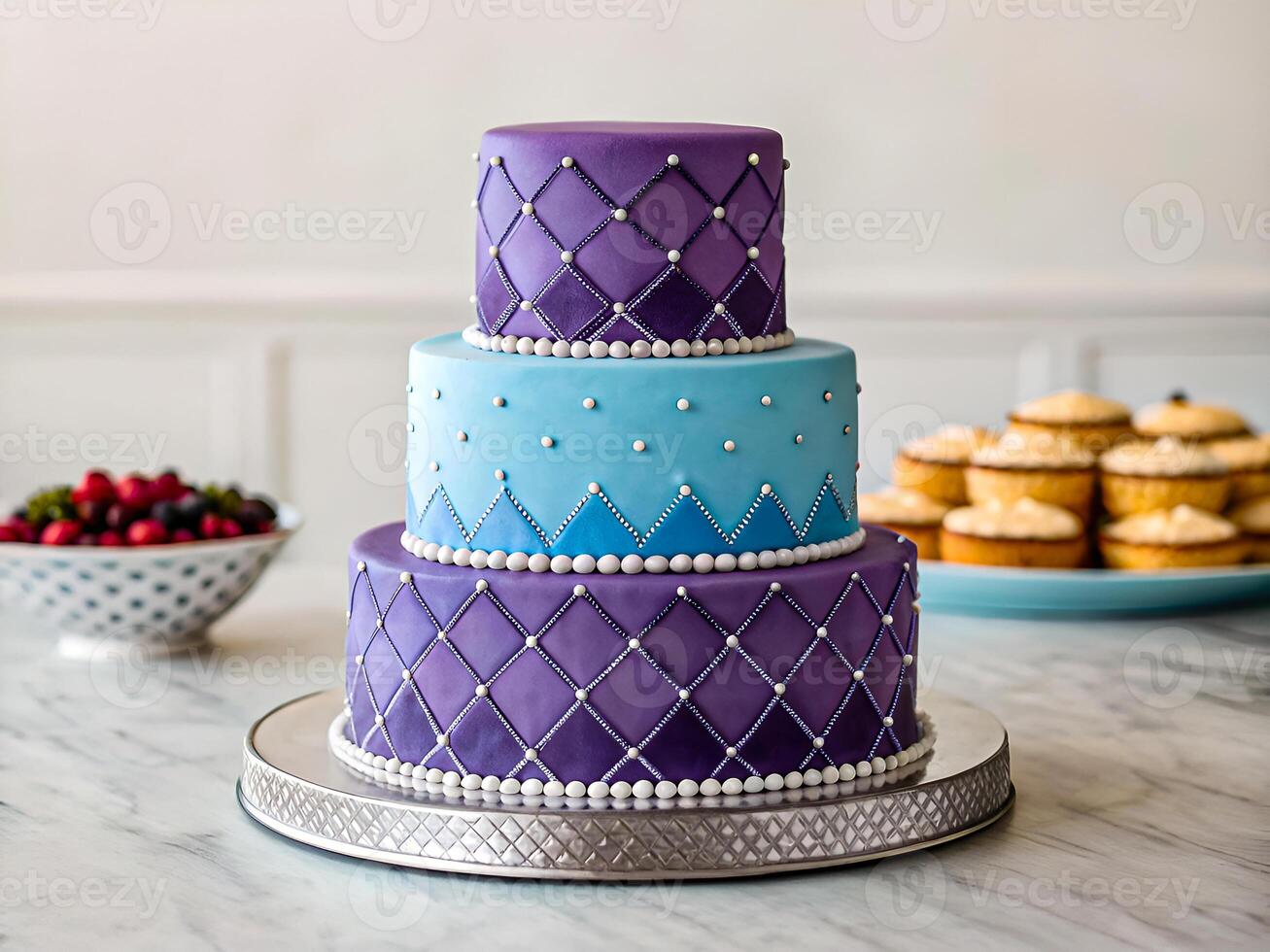 Luxurious Three-Tier Cake with Elegant Pearl Detailing and Vibrant Colors. Delicious food background photo