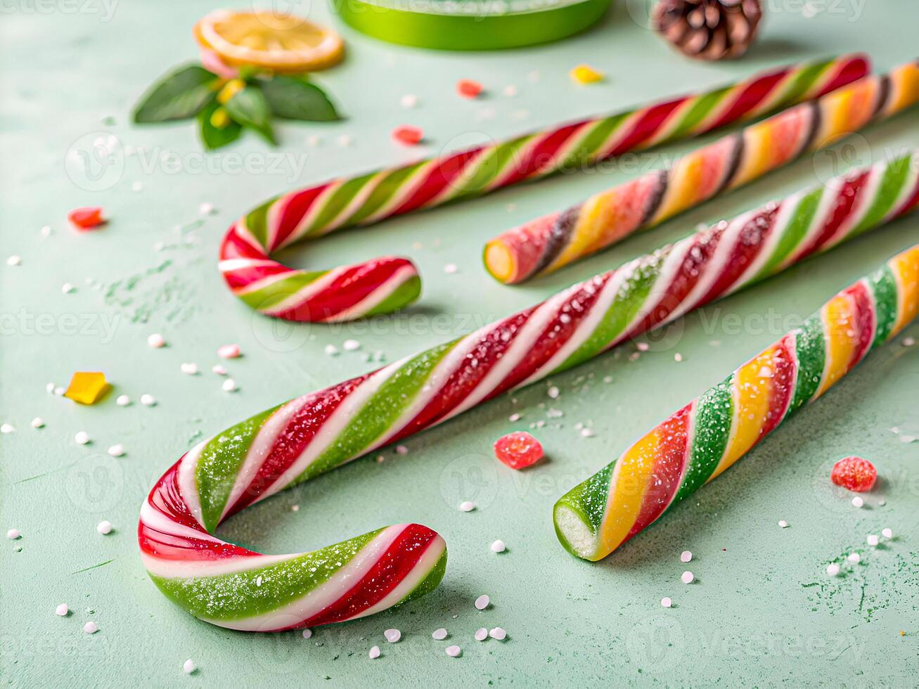 Festive Candy Canes and Colorful Sweets. Perfect for Holiday Cheer. Delicious food background photo