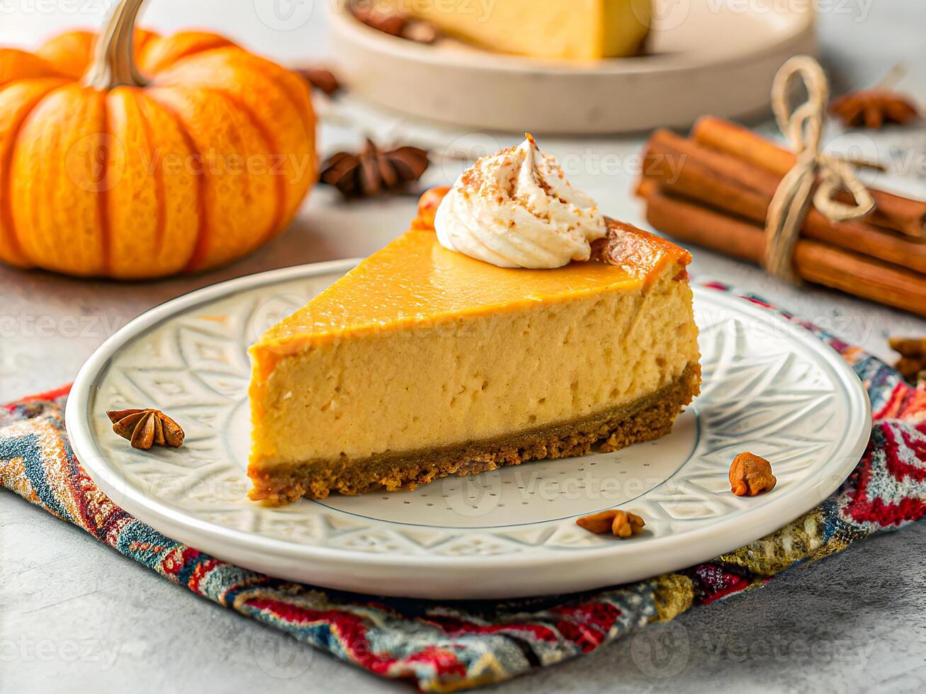 Pumpkin Cheesecake Slice with Whipped Cream. Cozy Autumn Dessert. Delicious food background photo