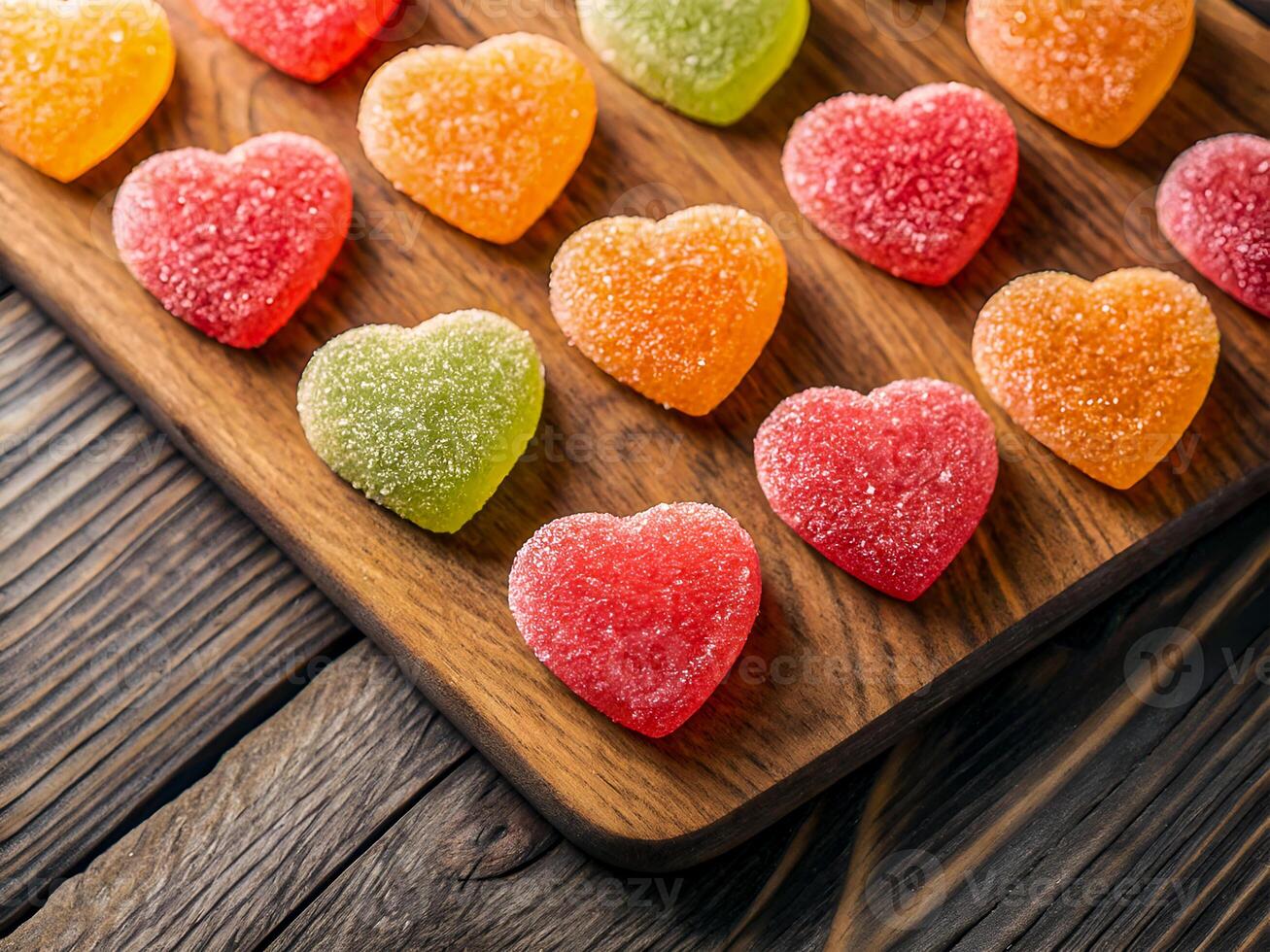 Vibrant Heart-Shaped Gummy Candy. A Sweet and Colorful Treat. Delicious food background photo