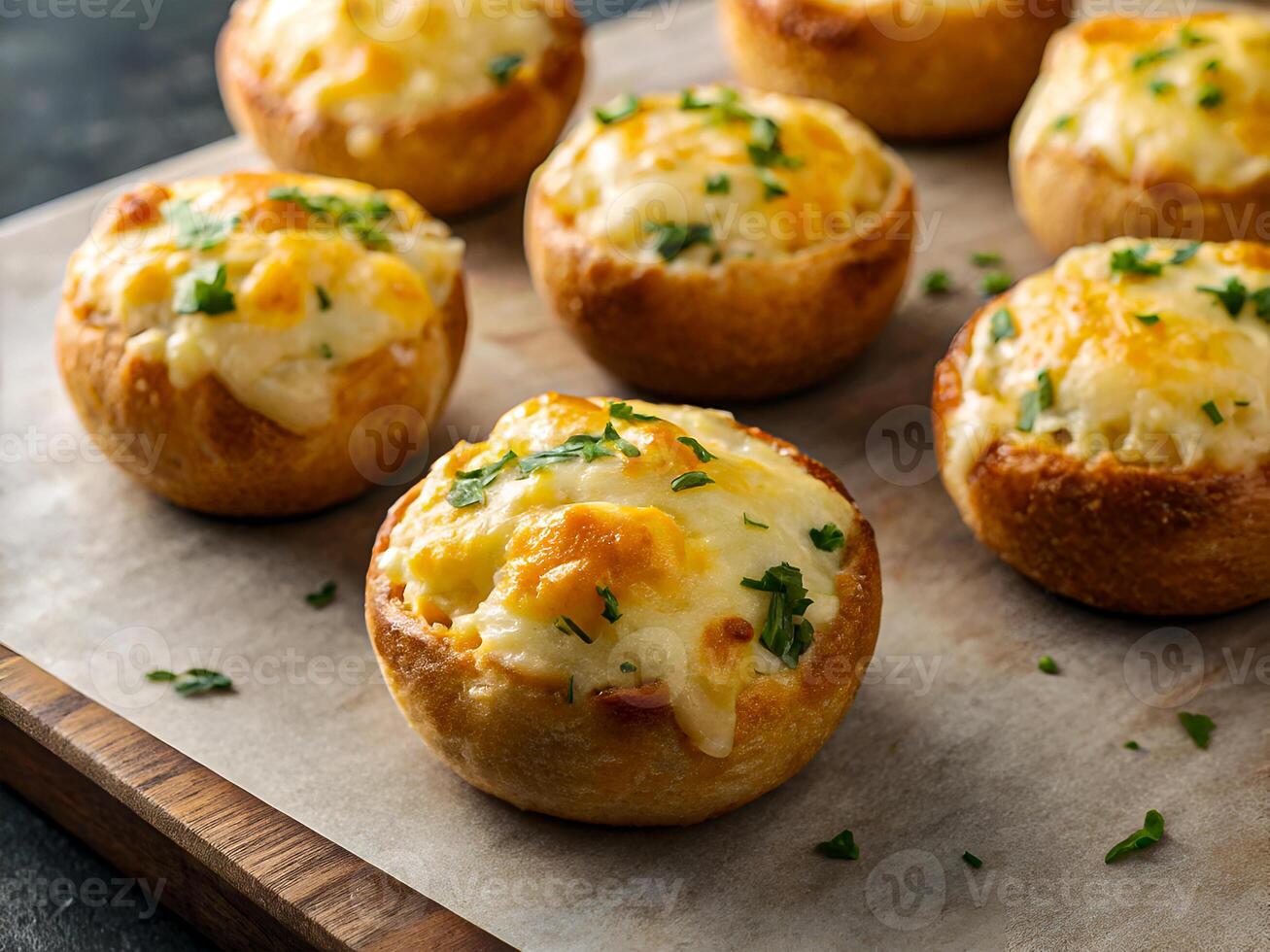 Freshly Baked Cheesy Bread Bowls with Herbs. Perfect Comfort Food. Delicious food background photo