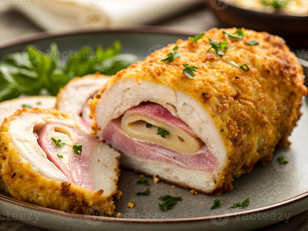 Golden Crispy Chicken Cordon Bleu. Gourmet Indulgence on a Plate. Delicious food background photo