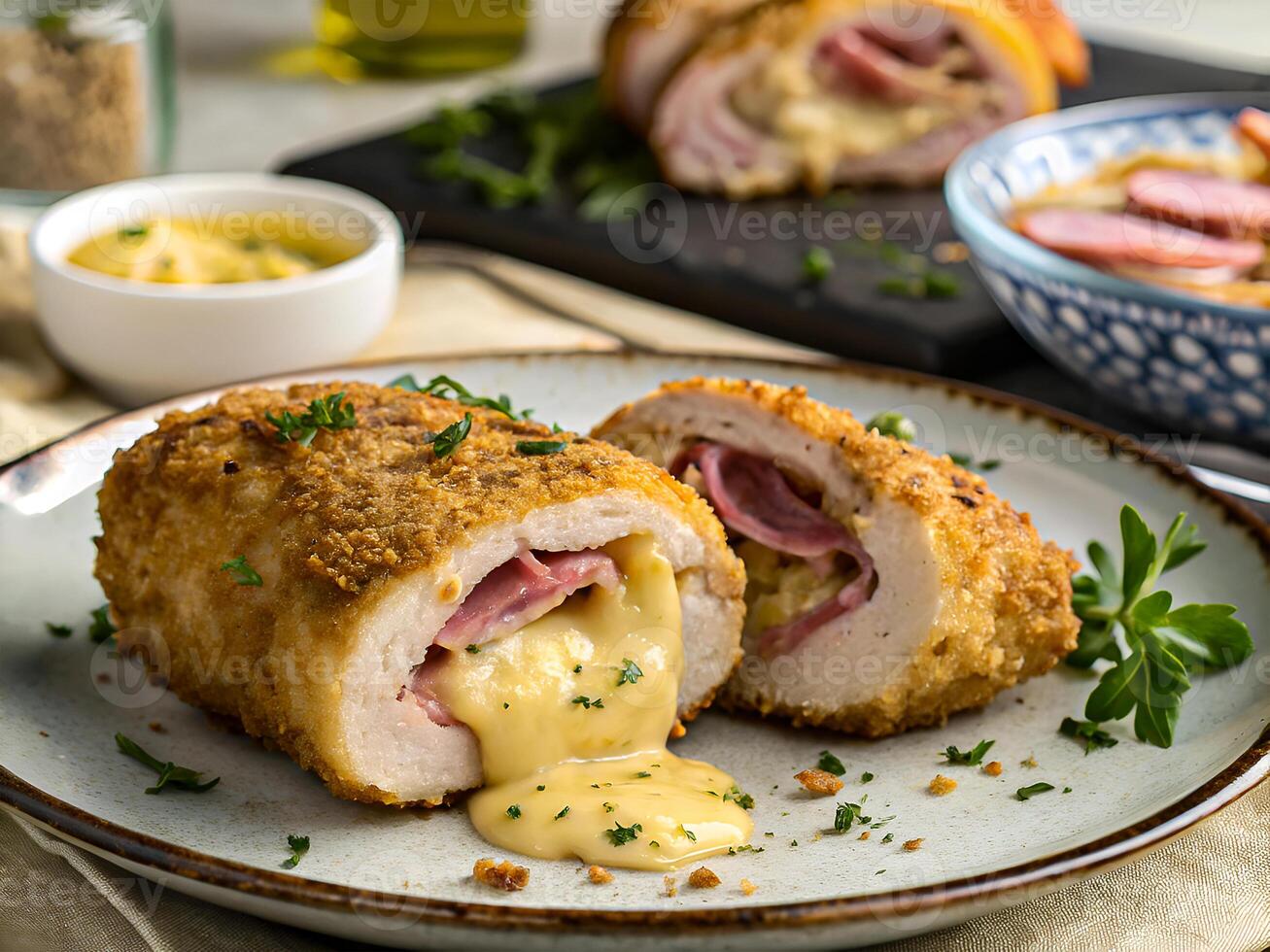 Golden Crispy Chicken Cordon Bleu with Melting Cheese Filling. Delicious food background photo