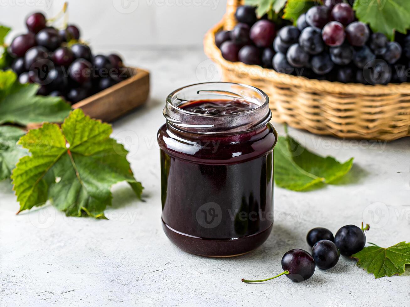 Rustic Homemade Grape Jam with Fresh Harvest. A Taste of Autumn Comfort. Delicious food background photo
