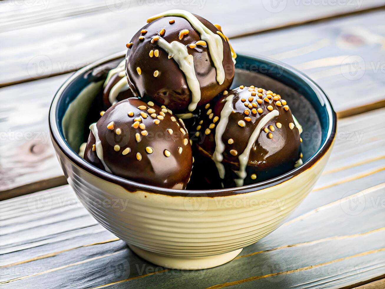 Decadent Chocolate Covered Dessert Balls with White Chocolate Drizzle and Golden Sprinkles. Elegant Sweet Treat. Delicious food background photo