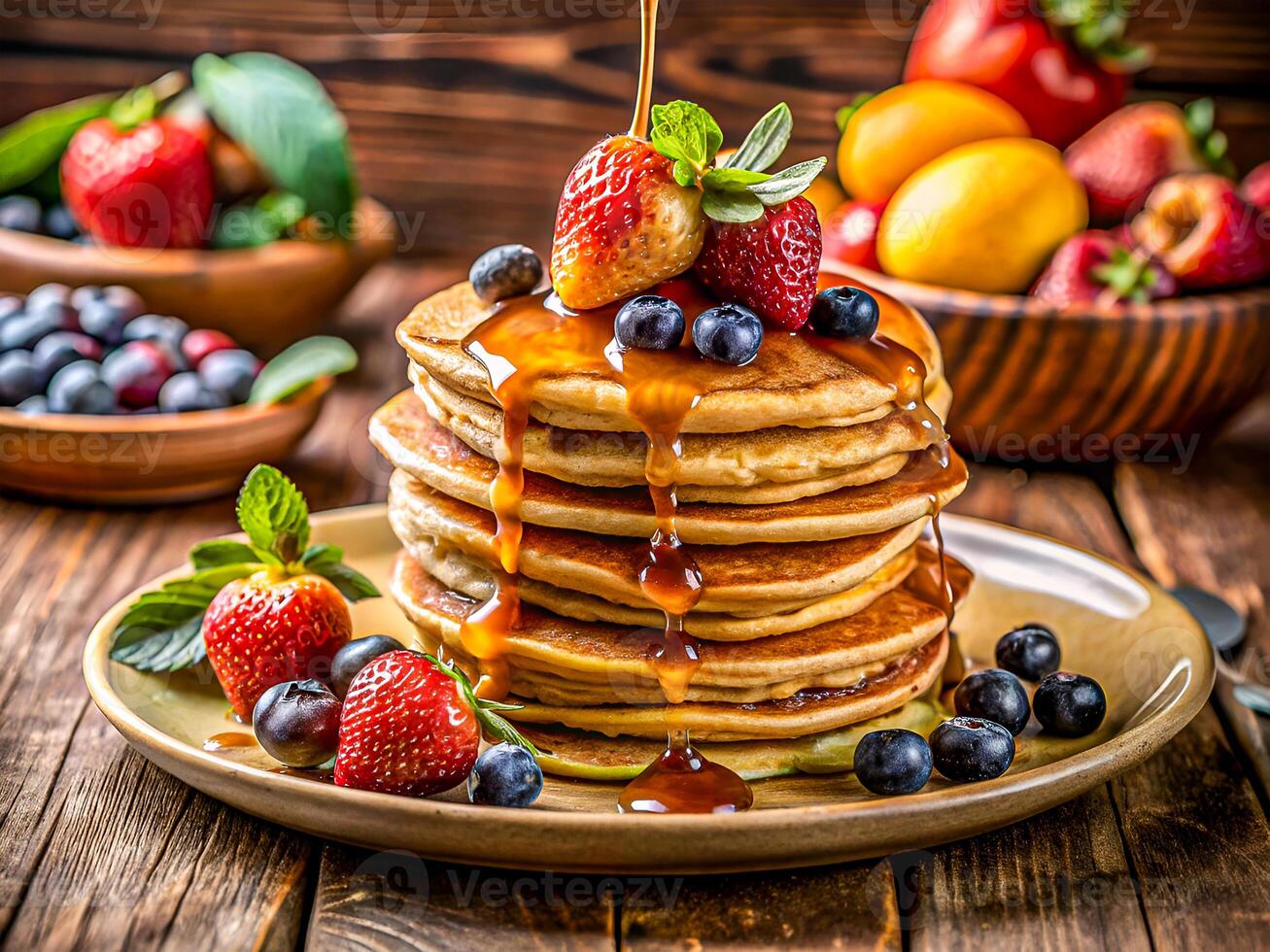 Golden Pancake Stack with Fresh Berries and Maple Drizzle. Perfect for Breakfast Lovers. Delicious food background photo