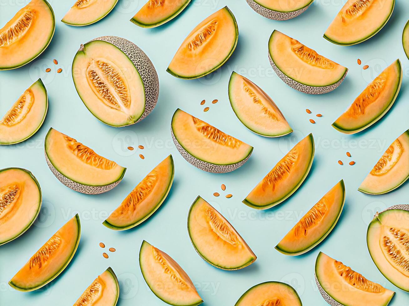 Refreshing Cantaloupe Melon Slices on Vibrant Blue Background. Delicious food background photo