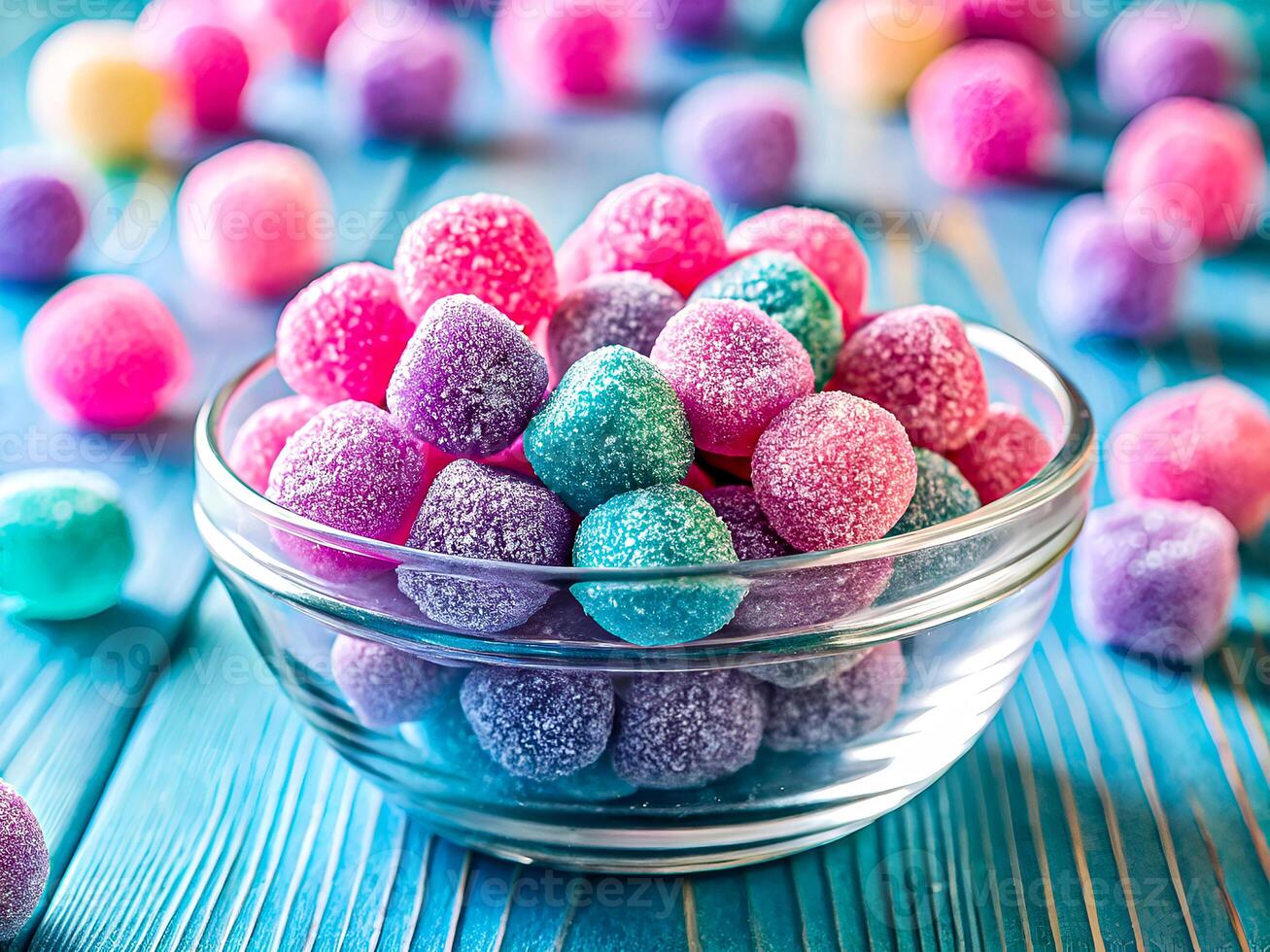 Vibrant Sugar Coated Gumdrops in a Glass Bowl. Delicious food background photo