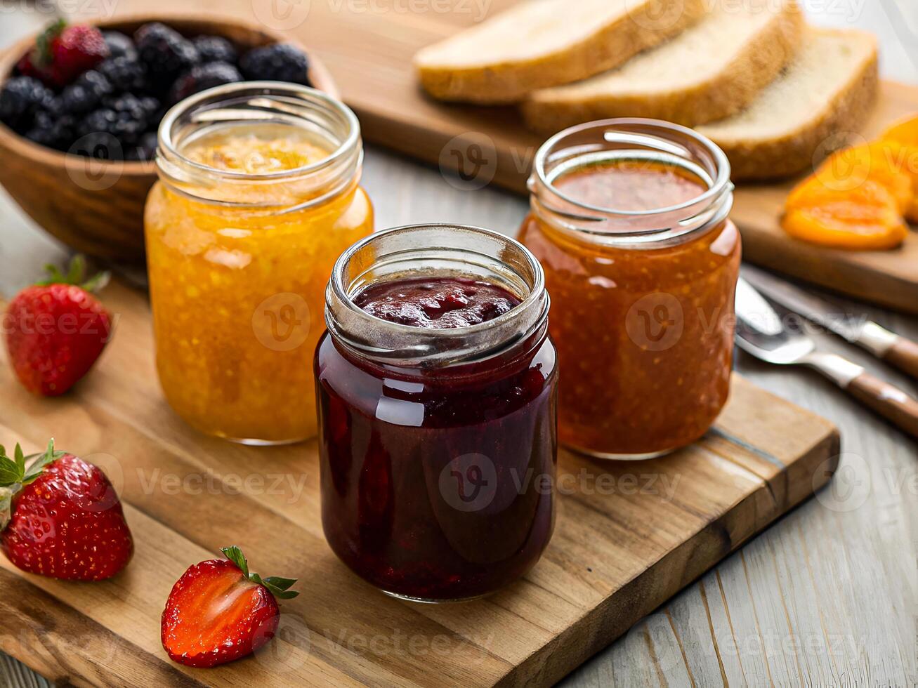 Homemade Fruit Jams and Fresh Berries. Rustic Breakfast Spread with Vibrant Colors. Delicious food background photo