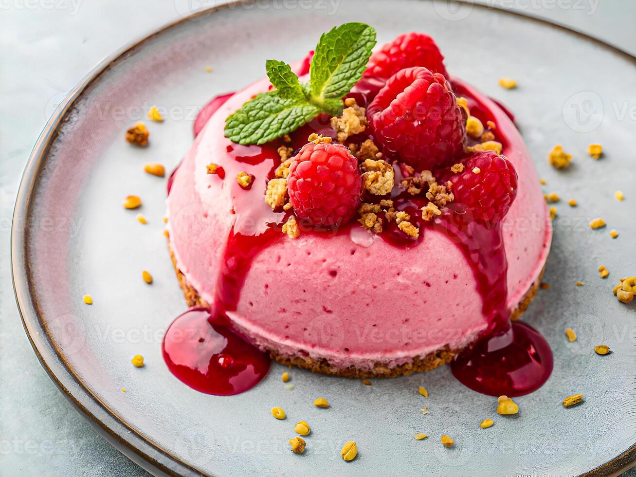 Indulgent Raspberry Cheesecake with Fresh Mint. Elegant Dessert. Delicious food background photo