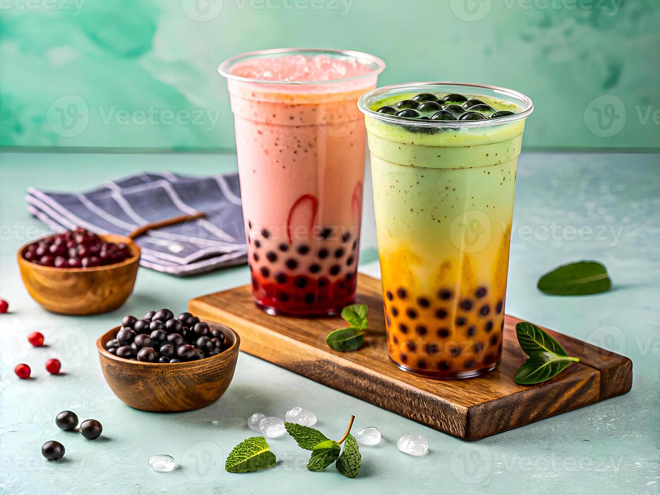 Refreshing Bubble Tea Extravaganza. Colorful Flavors and Tantalizing Toppings. Delicious food background photo