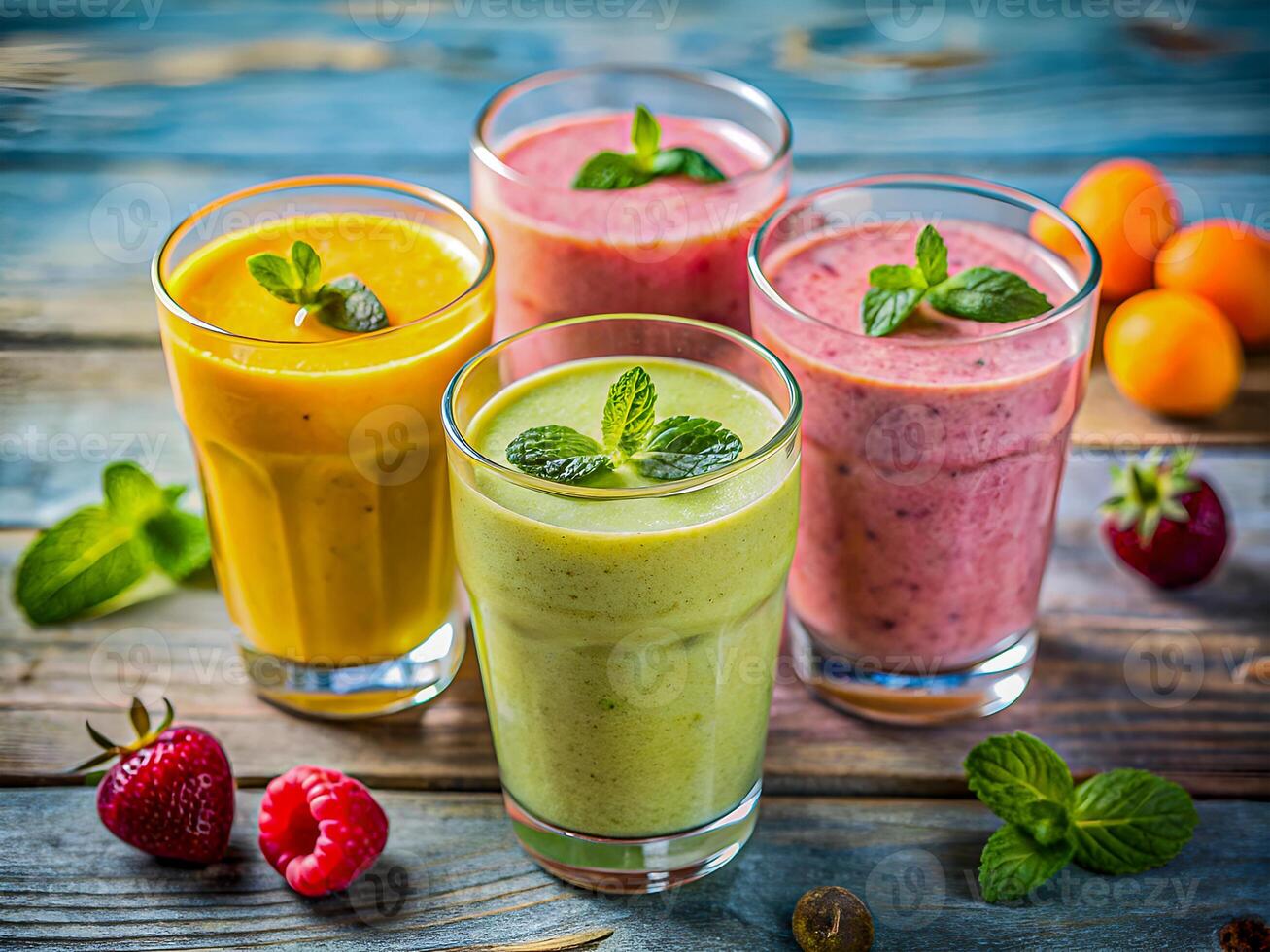 Refreshing Assortment of Colorful Fruit Smoothies with Fresh Mint Garnish. Healthy and Vibrant Summer Drinks. Delicious food background photo
