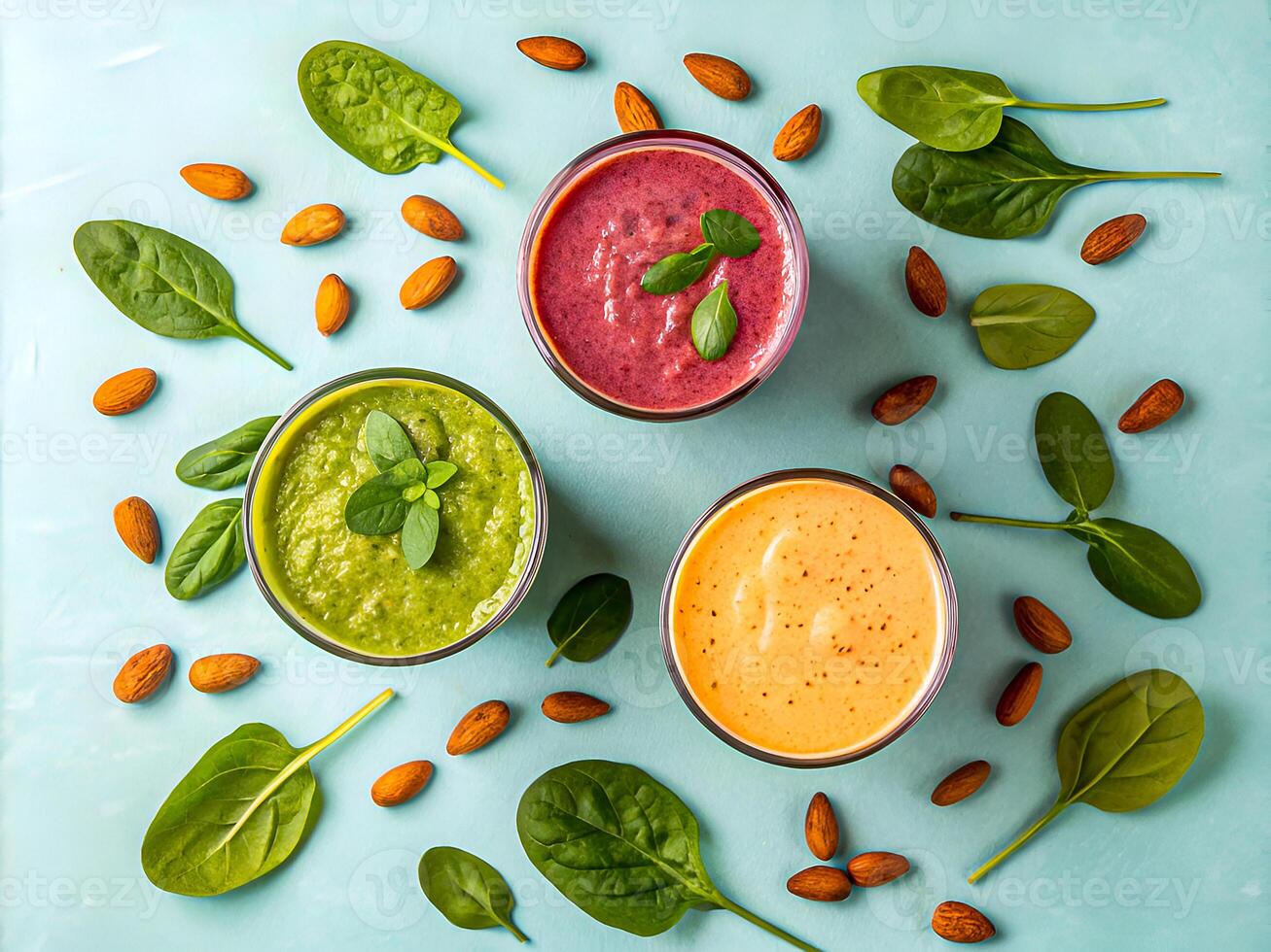 Vibrant and Healthy Smoothies with Fresh Spinach and Almonds. Nutritious Wellness Drinks. Delicious food background photo