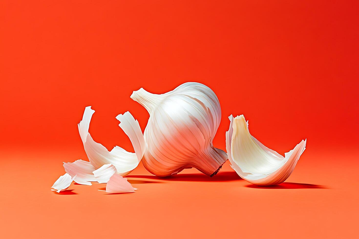 Garlic bulb and cloves against orange photo