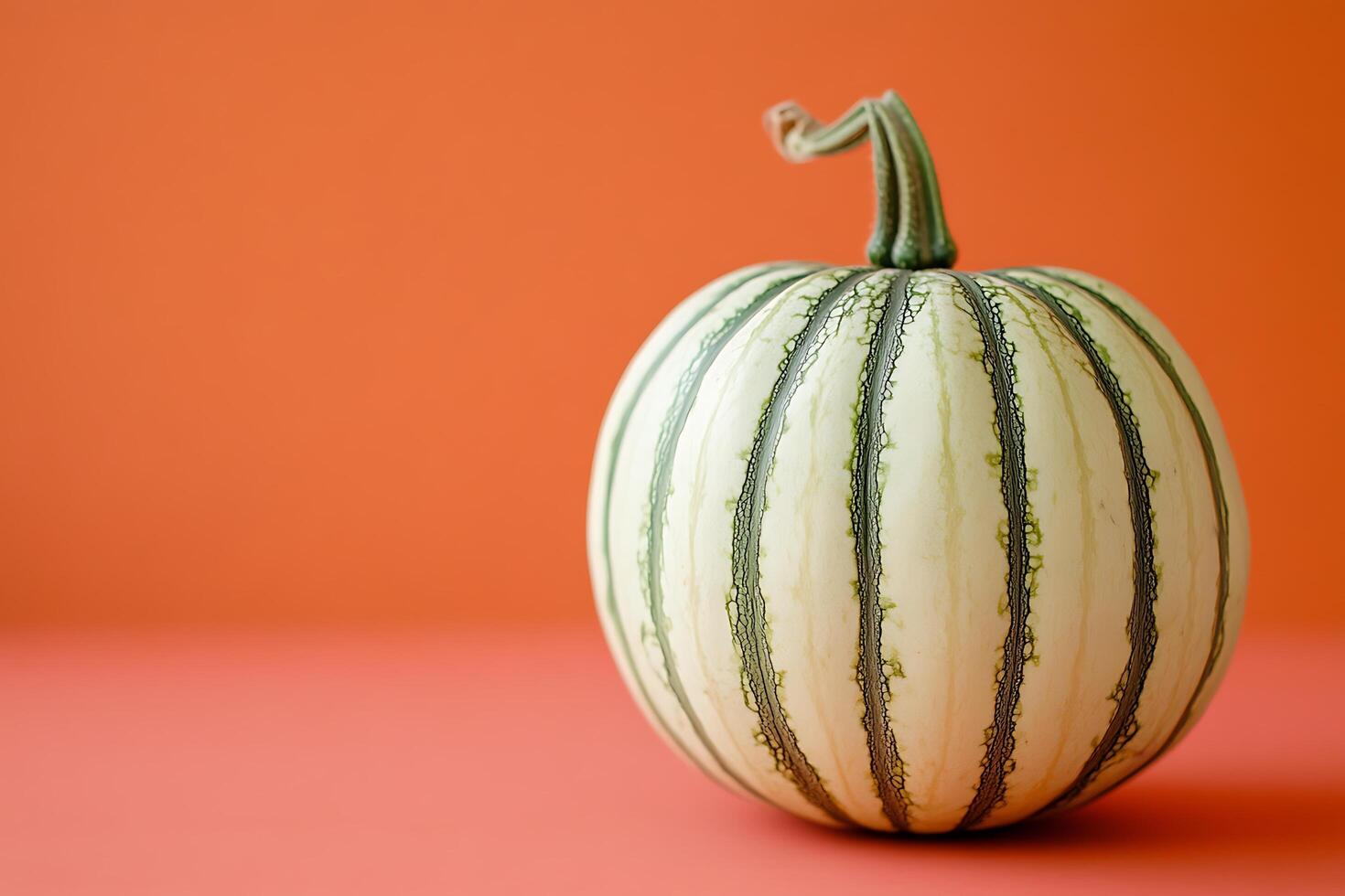 Striped pumpkin on orange background backdrop photo
