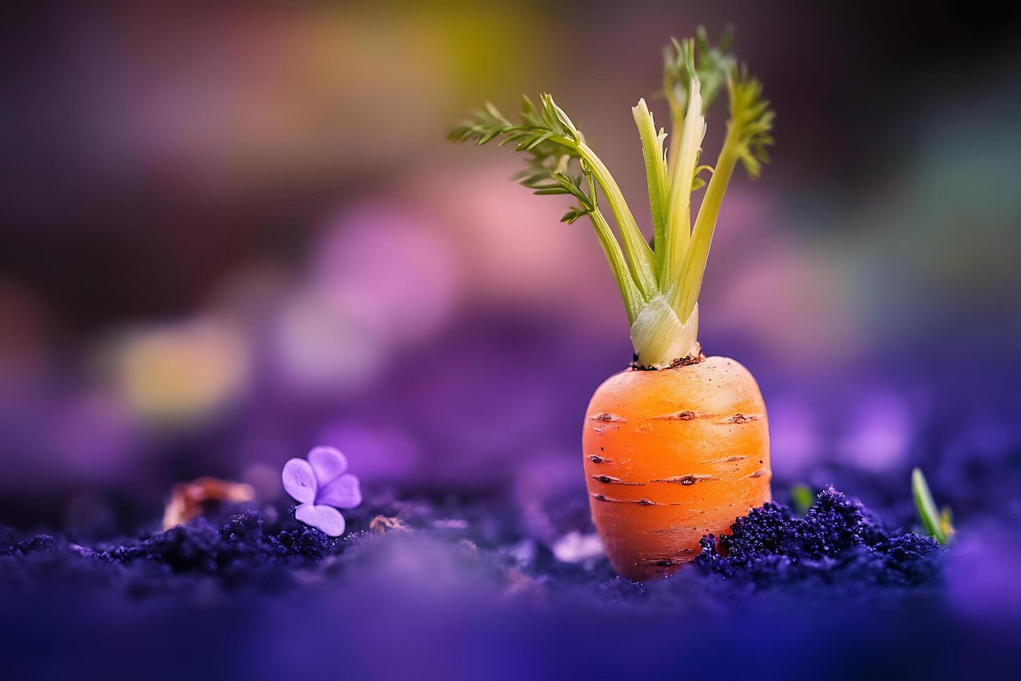 Carrot sprouts amongst flower and dark soil photo