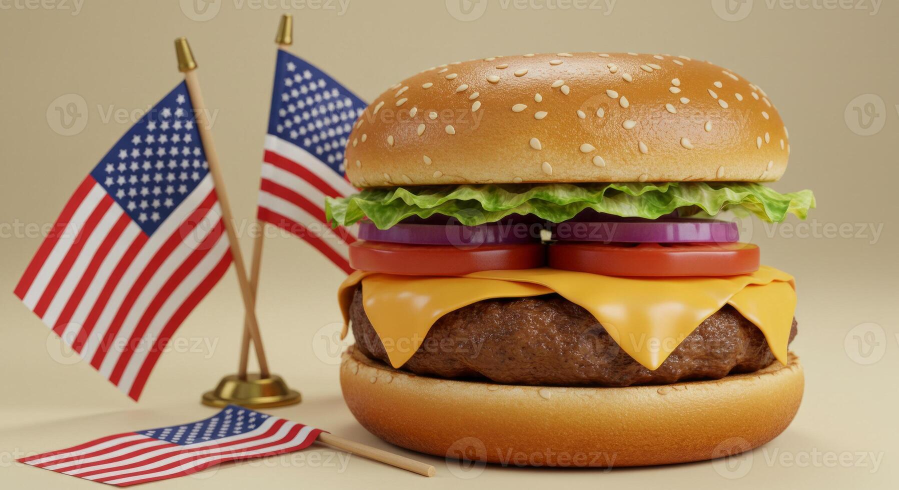Patriotic presentation of an appetizing burger with american flag imagery photo