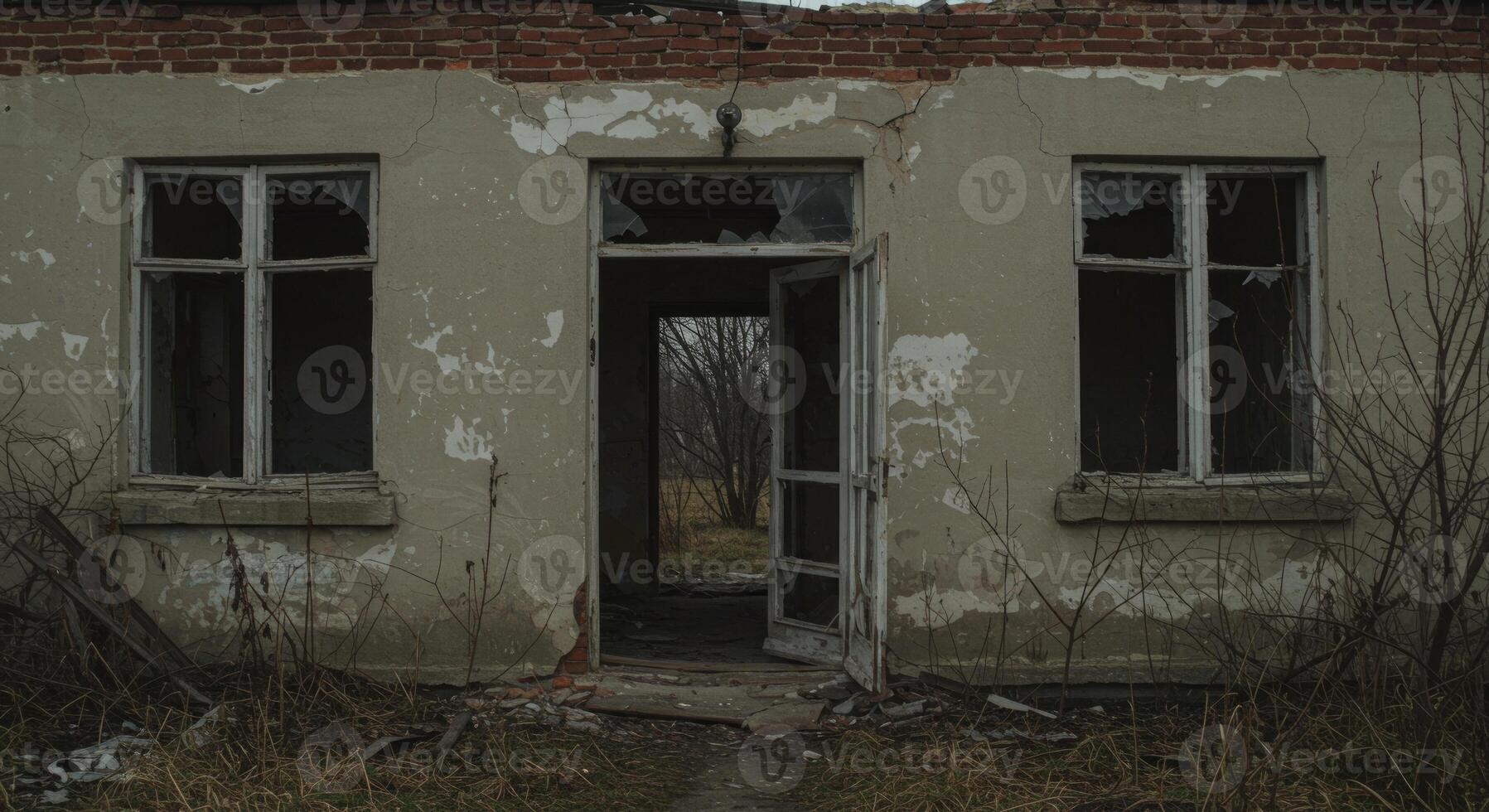 Decaying house facade with broken windows and an open door revealing desolation photo