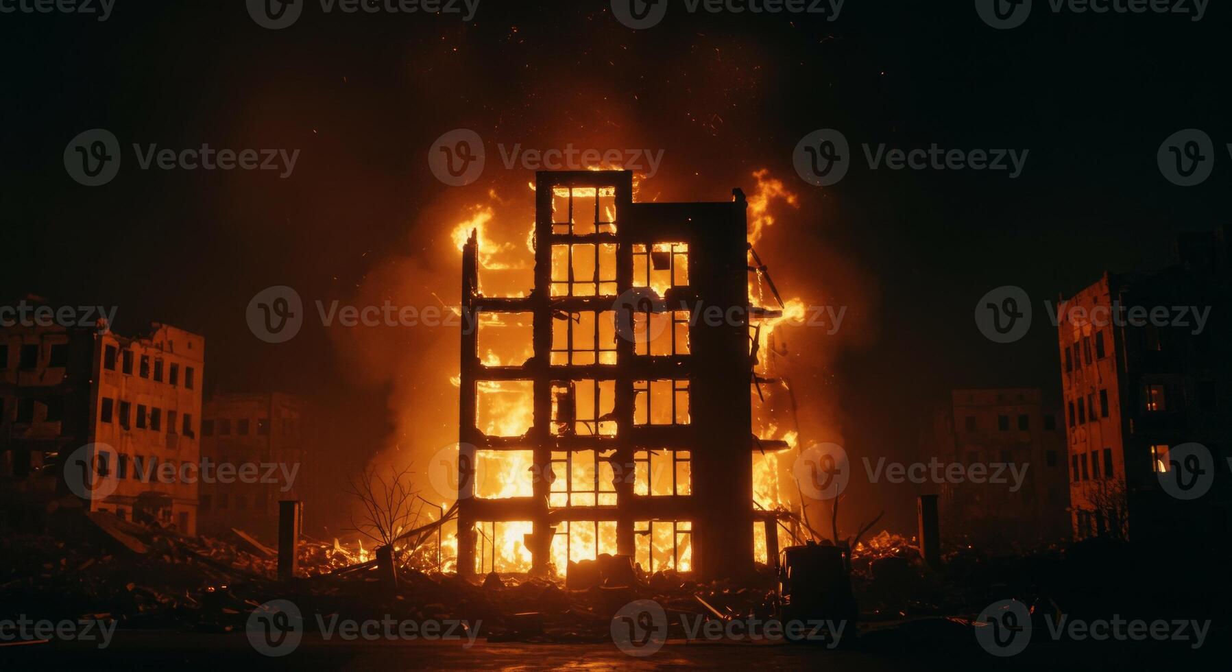 Burning Building in a war-torn city signifies destruction and devastation photo