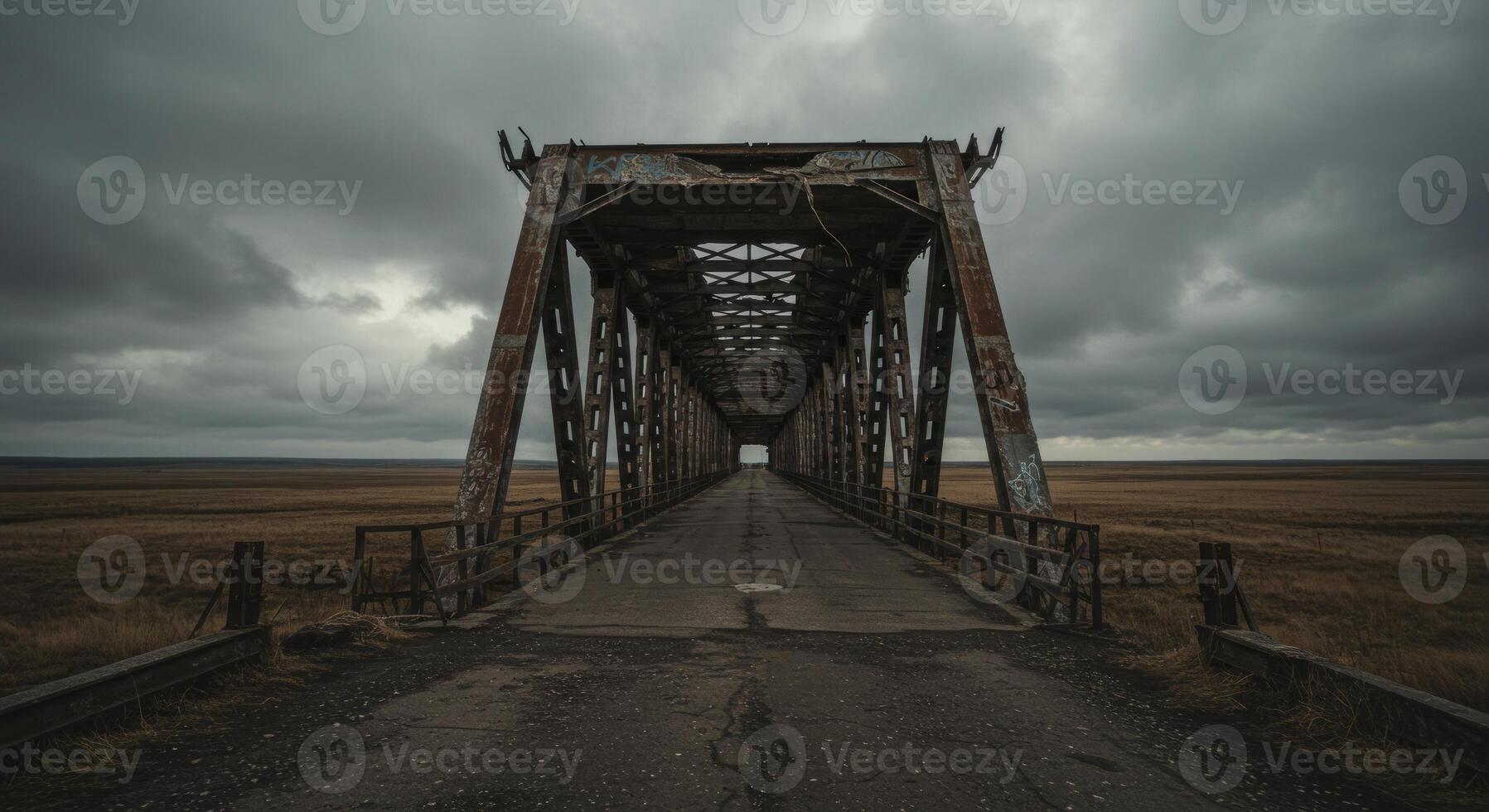 Distant horizons over weathered bridge on cloudy desolate landscape photo
