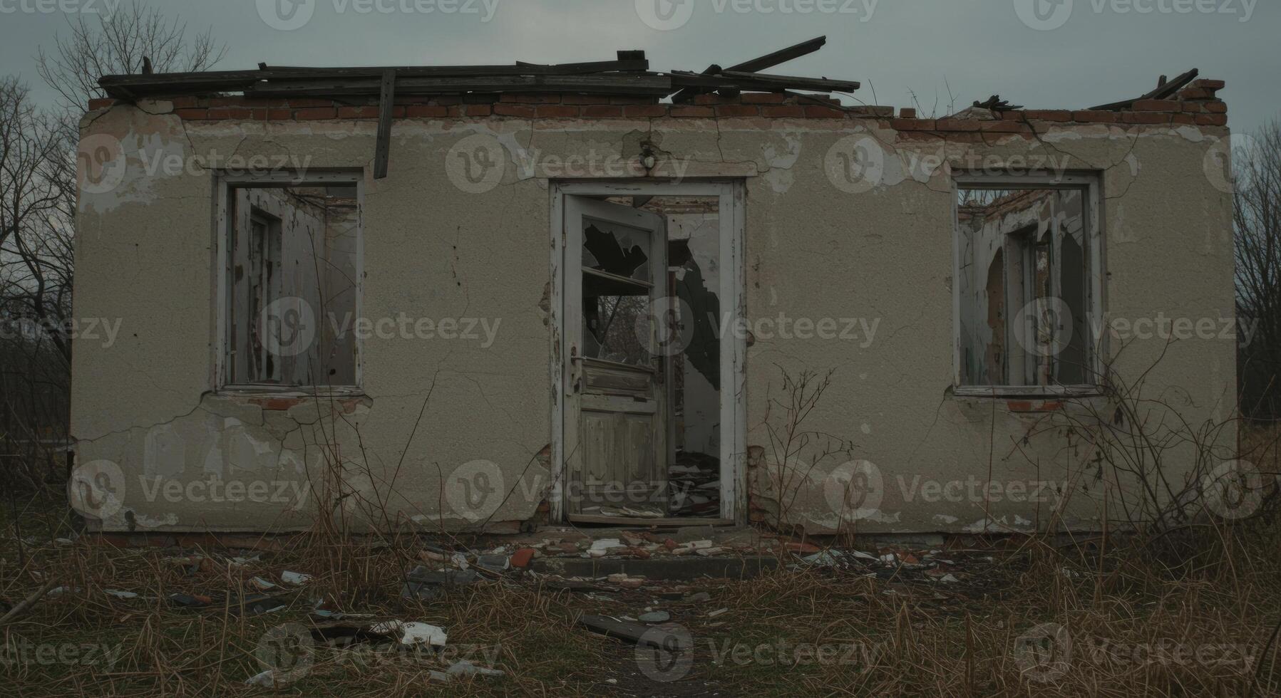 Desolate house embodies decay, featuring broken windows and crumbling walls photo