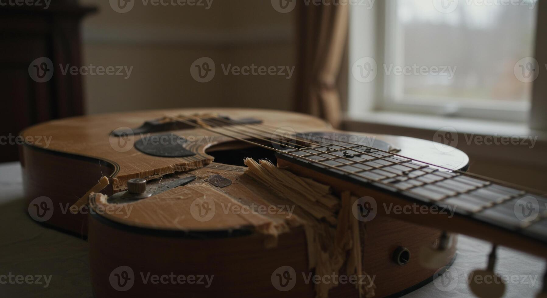 Destruction of an Acoustic Guitar, showing themes of loss and broken dreams photo