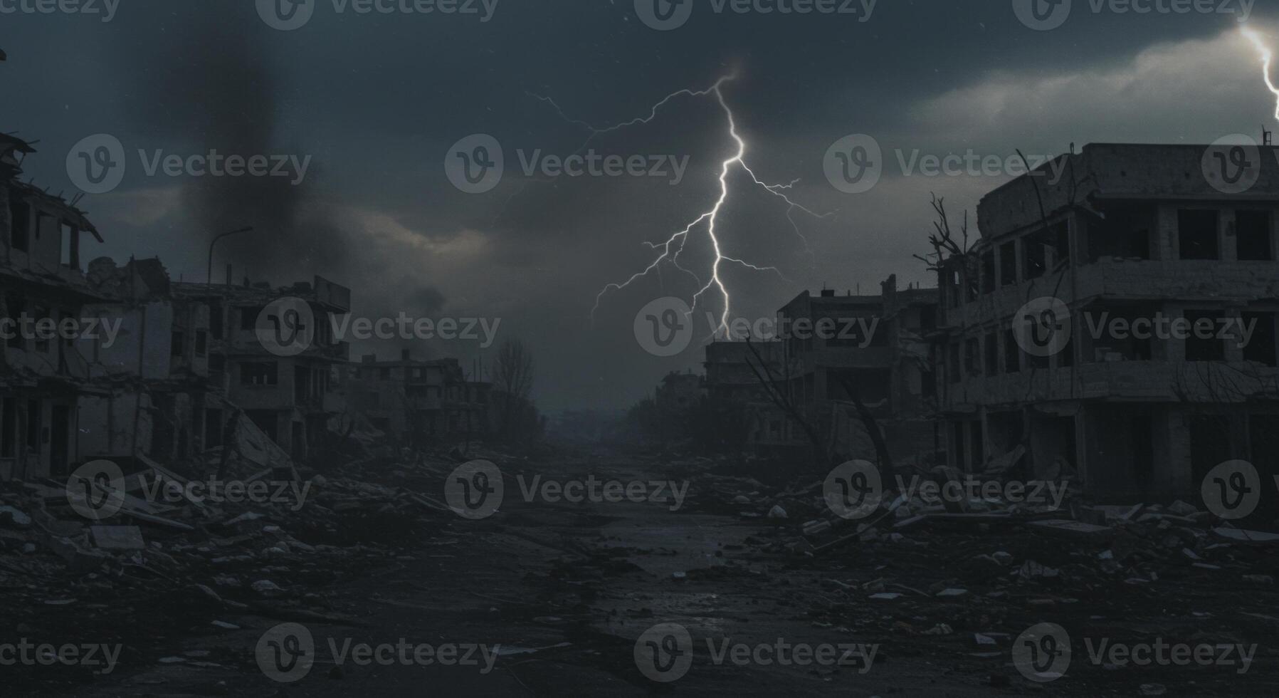 Cityscape destruction with thunderstorms and electrical activity in dark tones photo