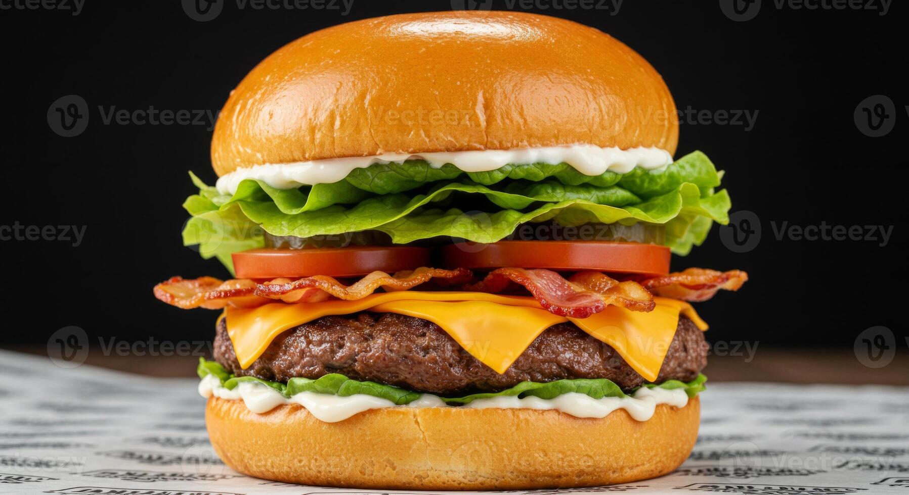 Mouthwatering cheeseburger with crisp bacon, fresh vegetables isolated photo