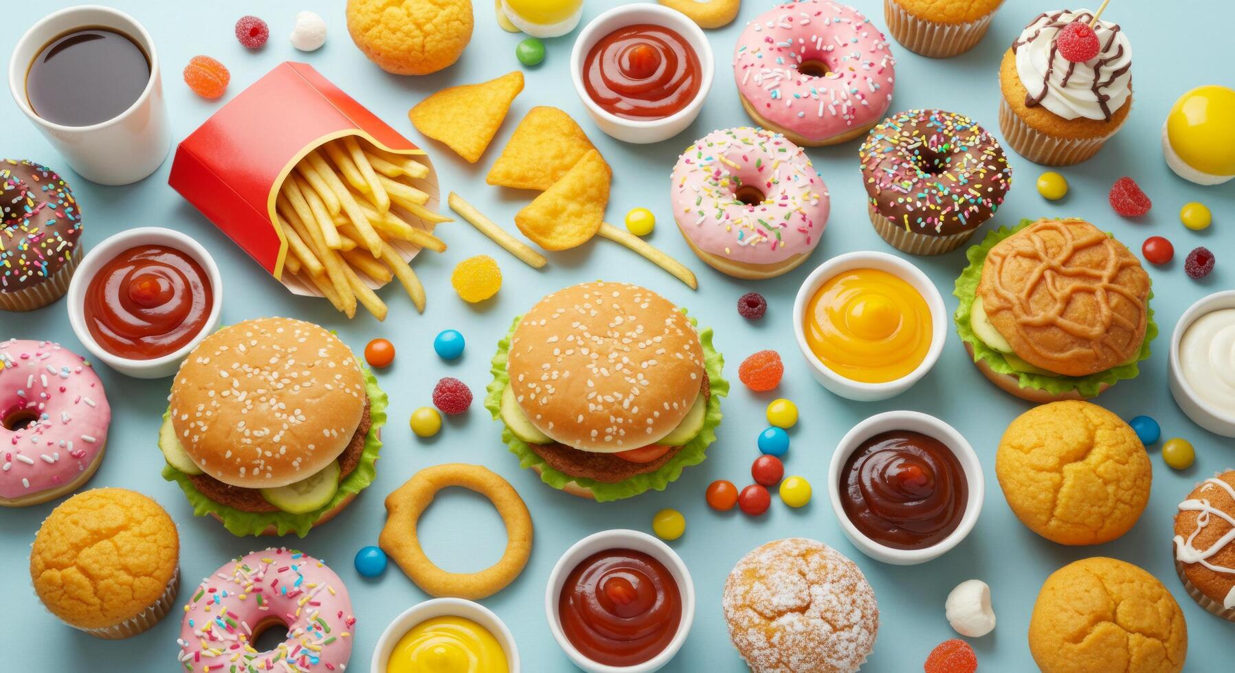 Overhead view of a colorful assortment of unhealthy food on a blue backdrop photo