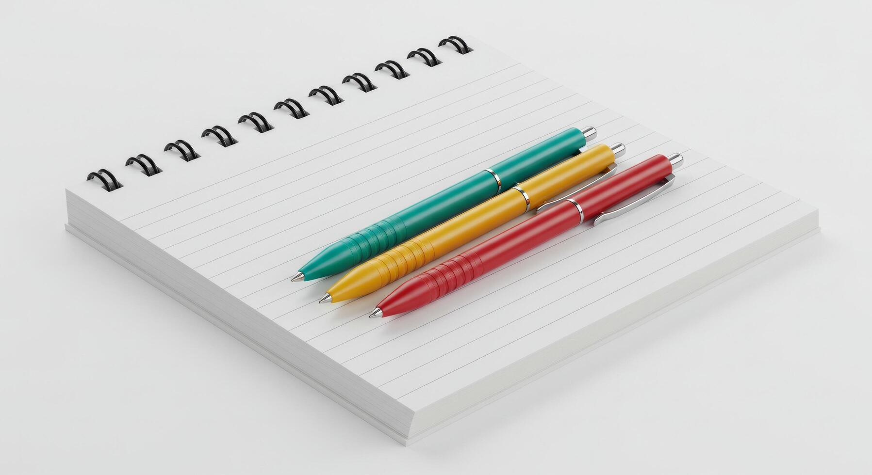 Colorful Pens on a Spiral Notebook Minimalist Study Stationery Concept photo