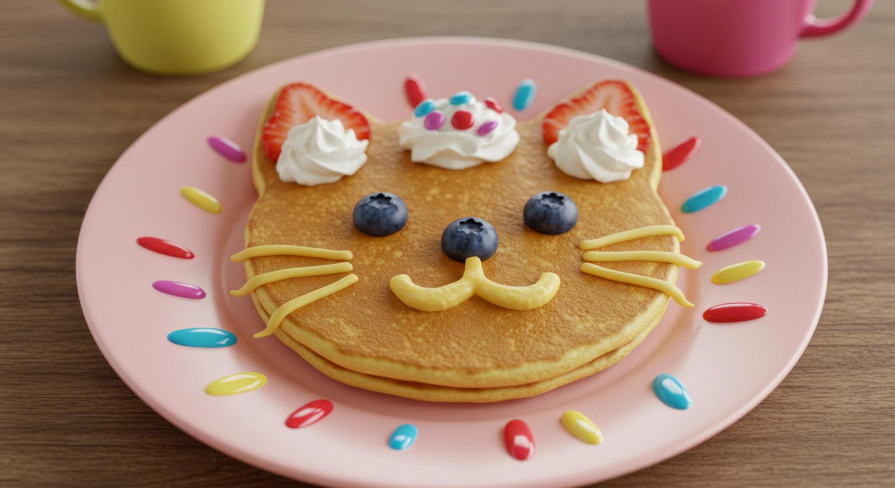Whimsical cat pancakes adorned with colorful toppings on a pink plate photo