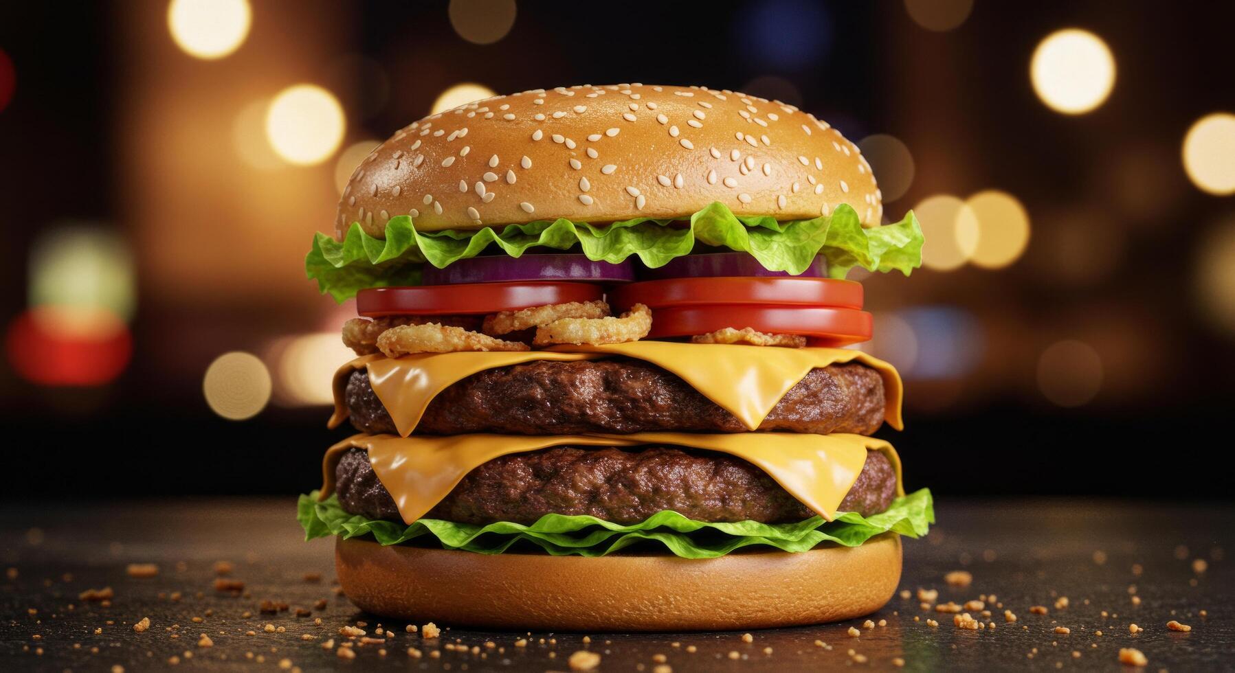 Generously Stacked Double Cheeseburger Delight with Crisp Fresh Toppings photo