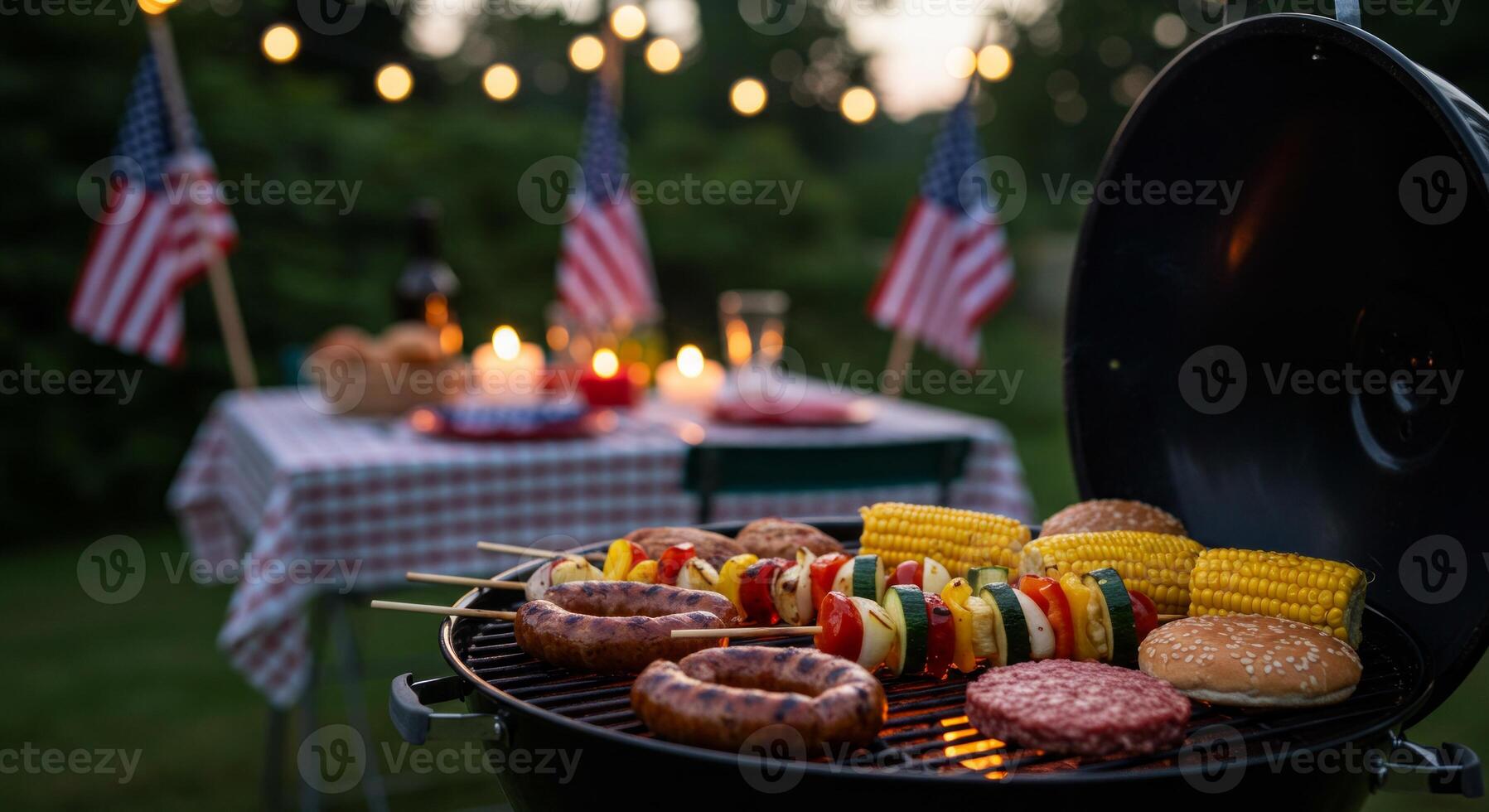 Festive Backyard Barbecue with American Flags and String Lights at Dusk photo