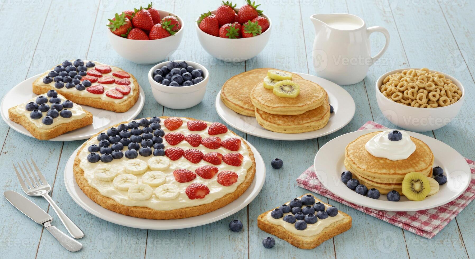 Festive breakfast table adorned with pancakes, toast, and fruit platters photo