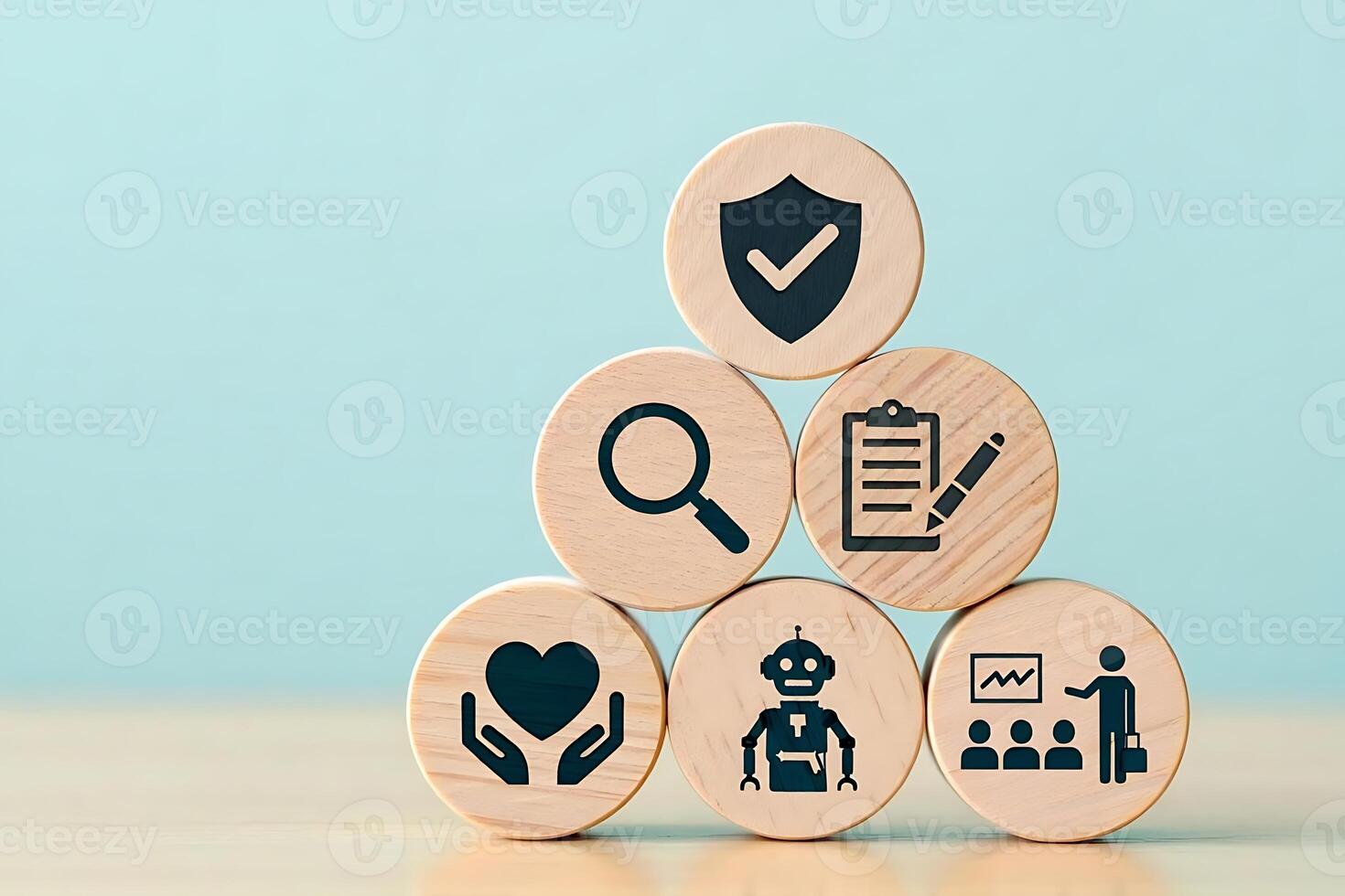 Conceptual image featuring various business and technology symbols arranged in a pyramid formation representing innovation and forward thinking photo