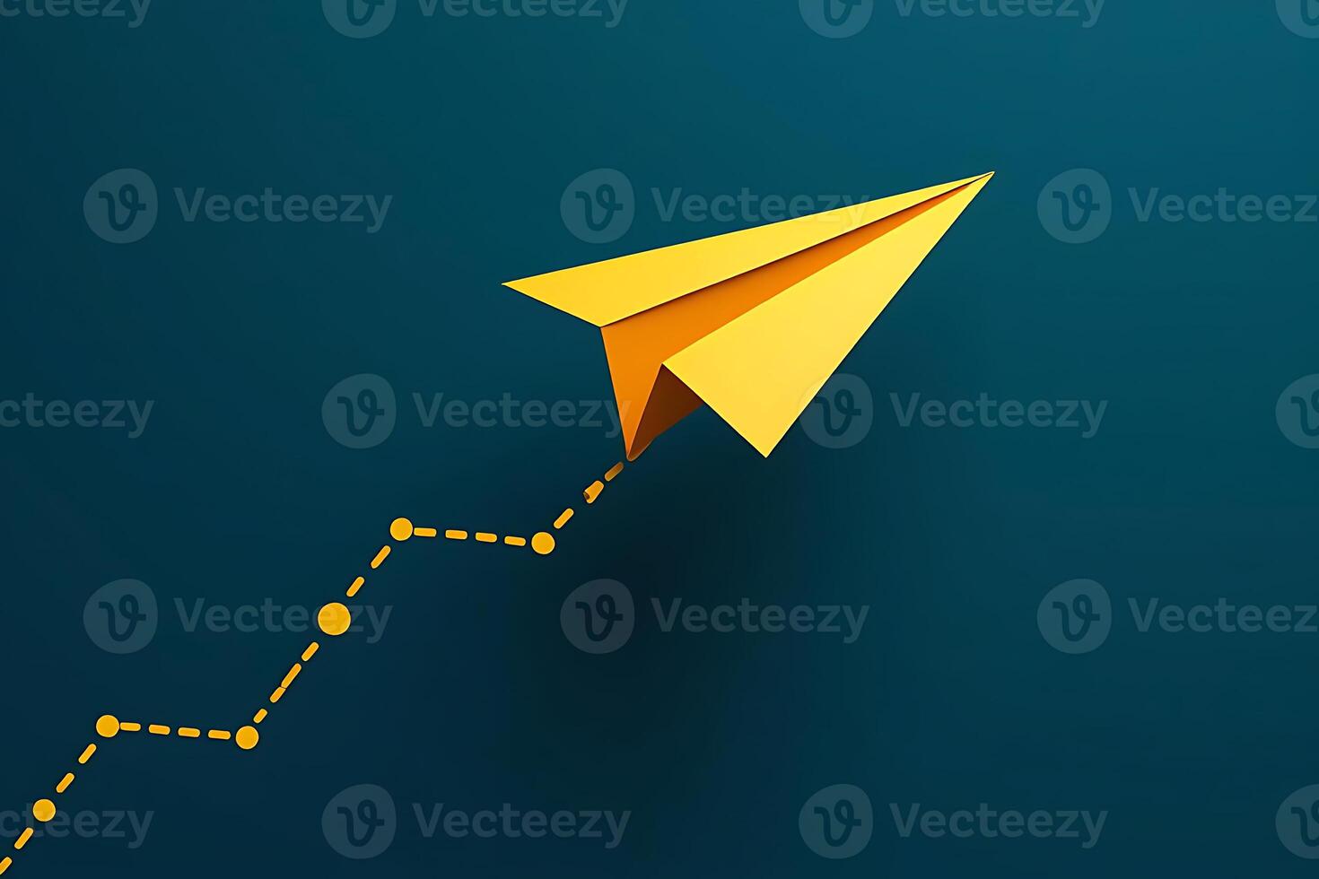 Conceptual image of yellow paper airplane symbolizing business growth and financial success on an abstract dark blue background. photo