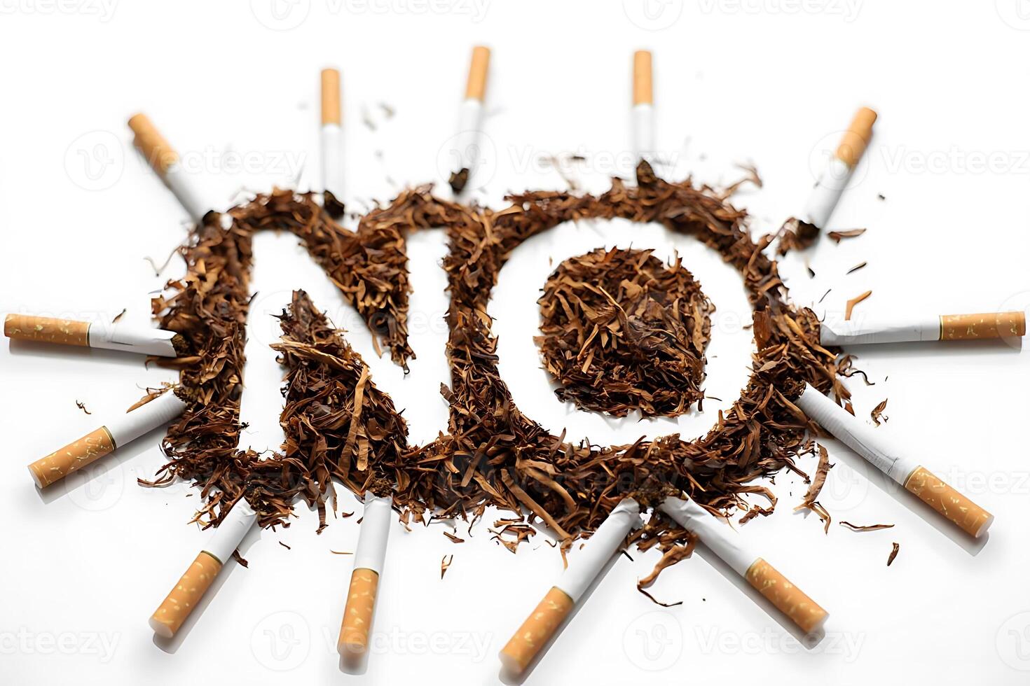 Symbolic arrangement displaying the word no formed with tobacco and cigarettes promoting anti-smoking awareness on white background photo