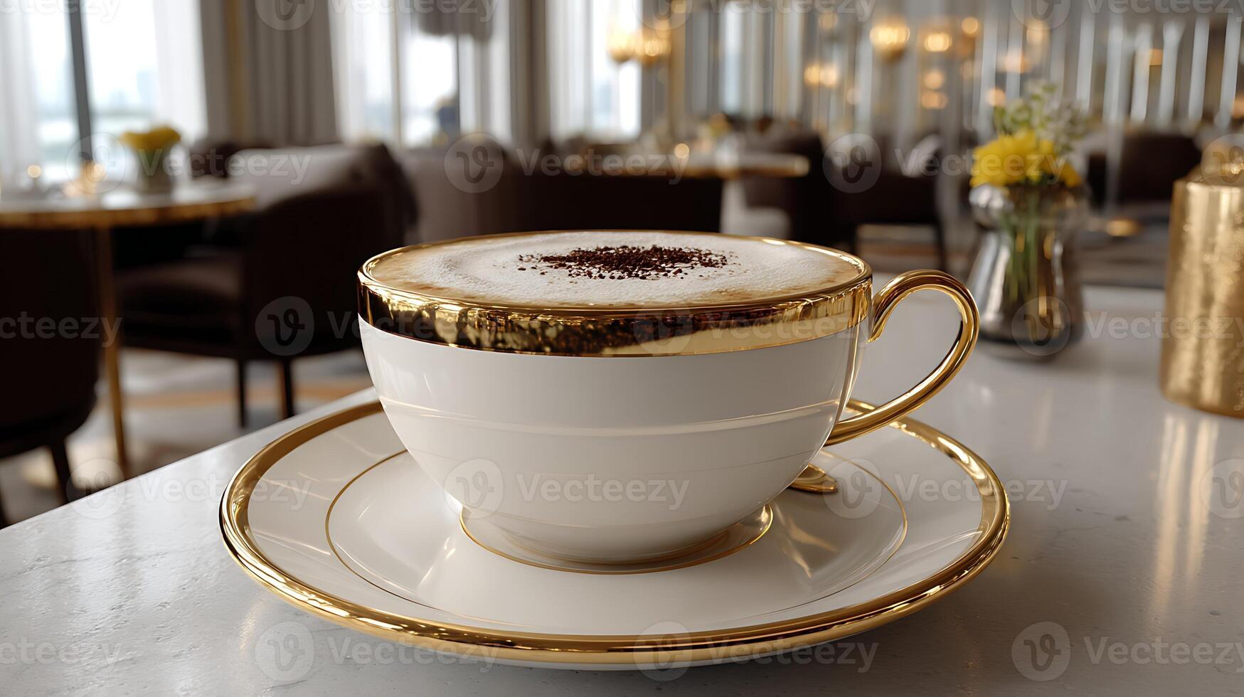 Stylish Cafe Ambiance with Premium Cappuccino Coffee Shot photo