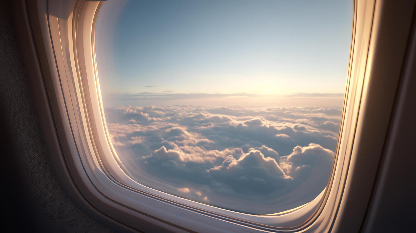 Immersive Close Up Airplane Window Reflecting Lush Billowing Cloudscape Beyond photo