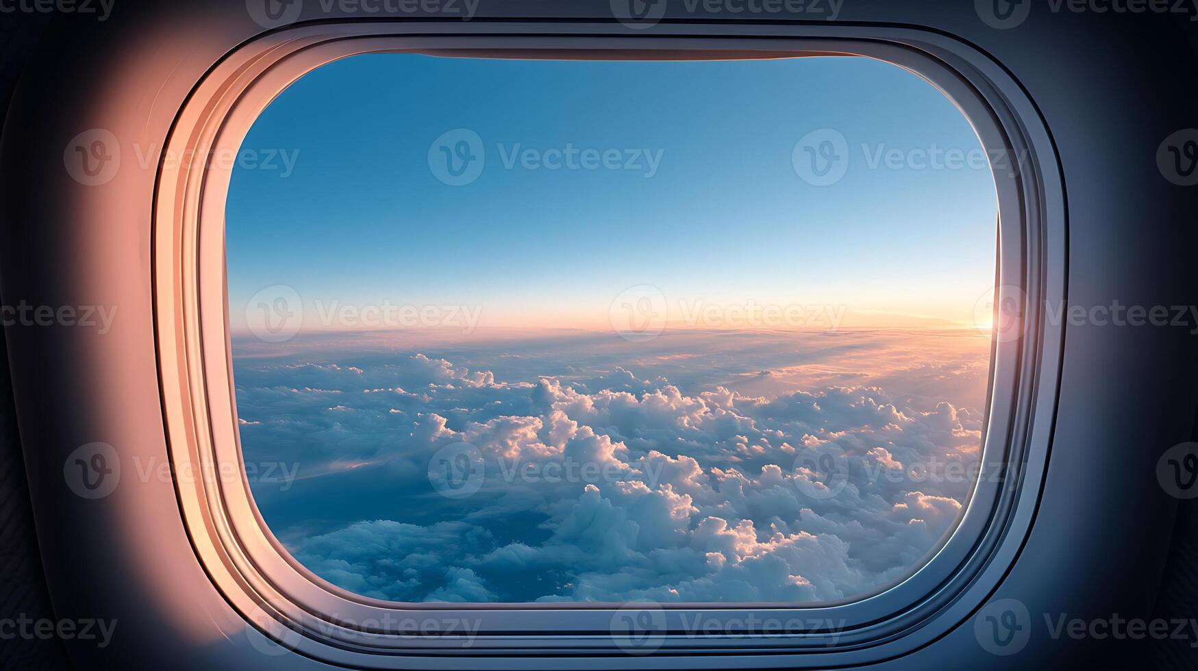 Pristine Airliner Window Surface Echoing Peaceful Blue Sky Reflection photo