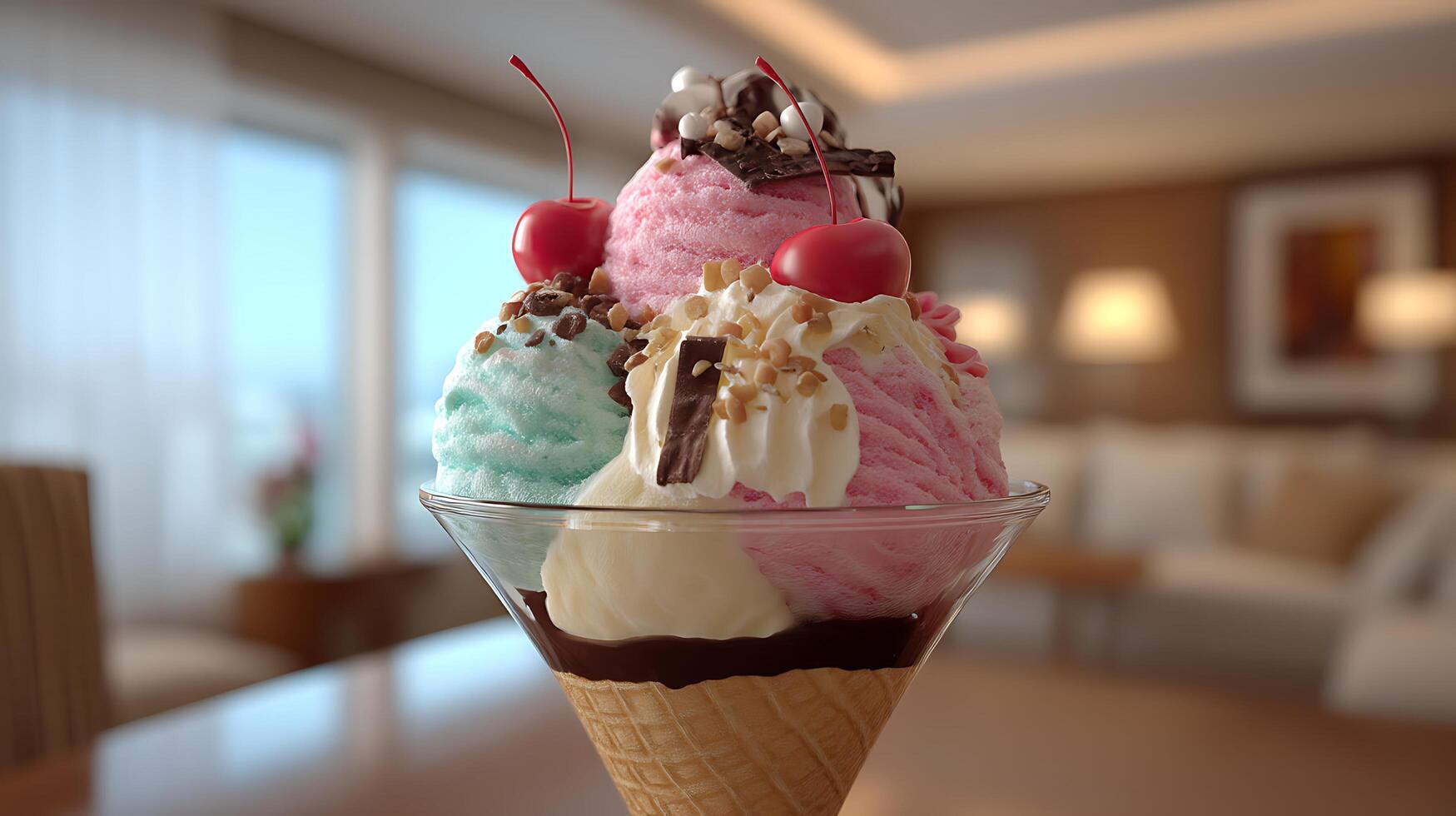 Colorful toppings on realistic ice cream surface texture photo