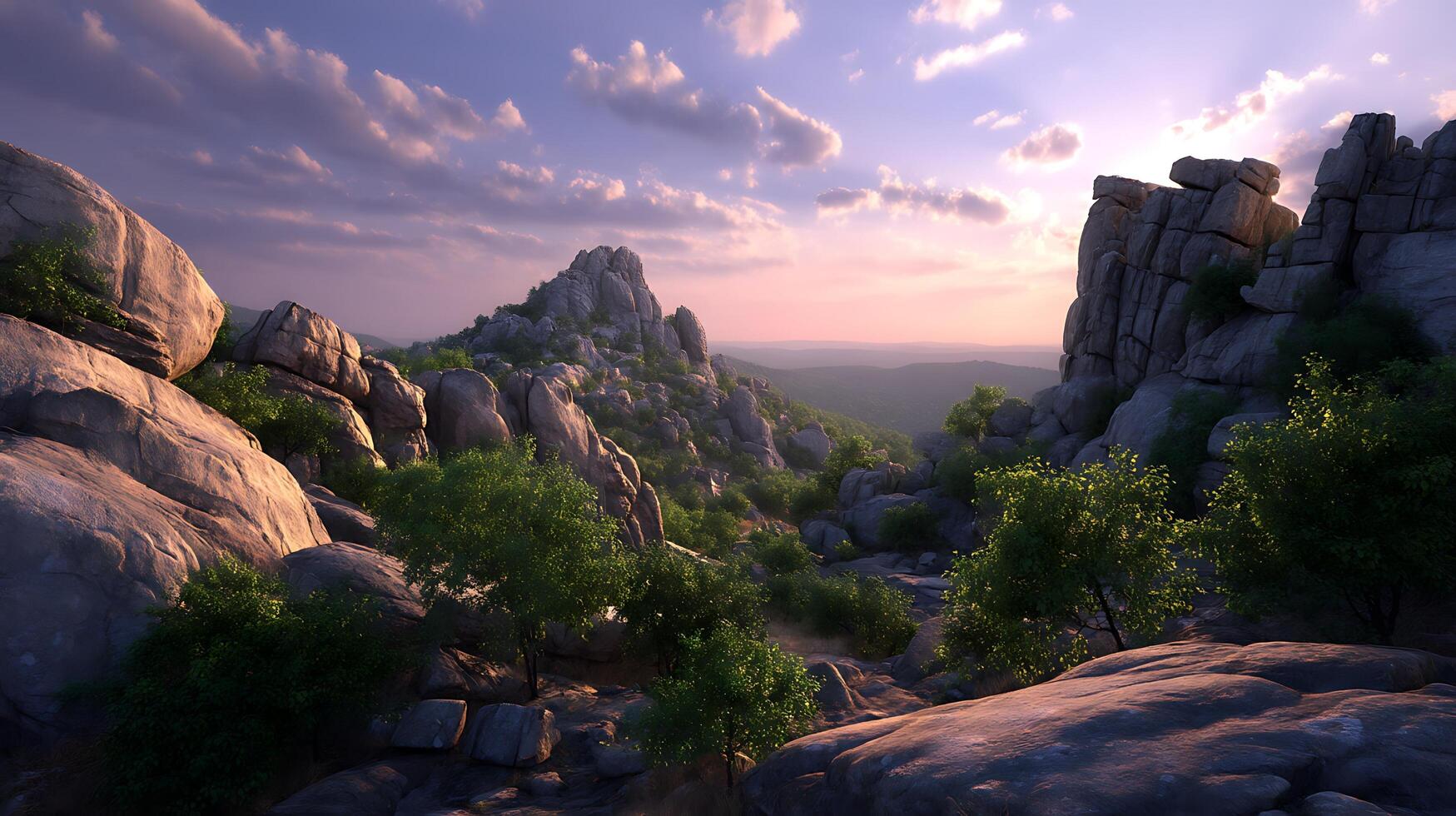 A beautiful landscape with rocks and trees photo