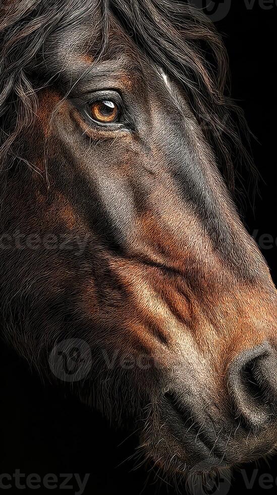 Detailed portrait of a horse showcasing its expressive features and beautifully textured mane in a captivating close-up view photo
