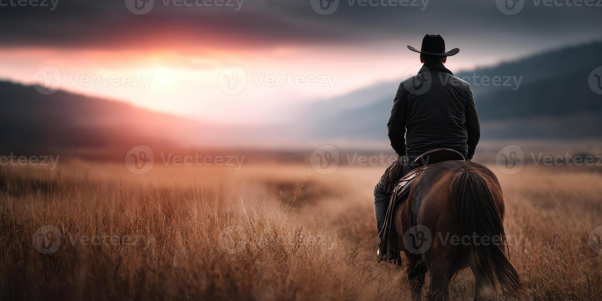 Cowboy riding a horse through tall grass at sunset in an open valley photo