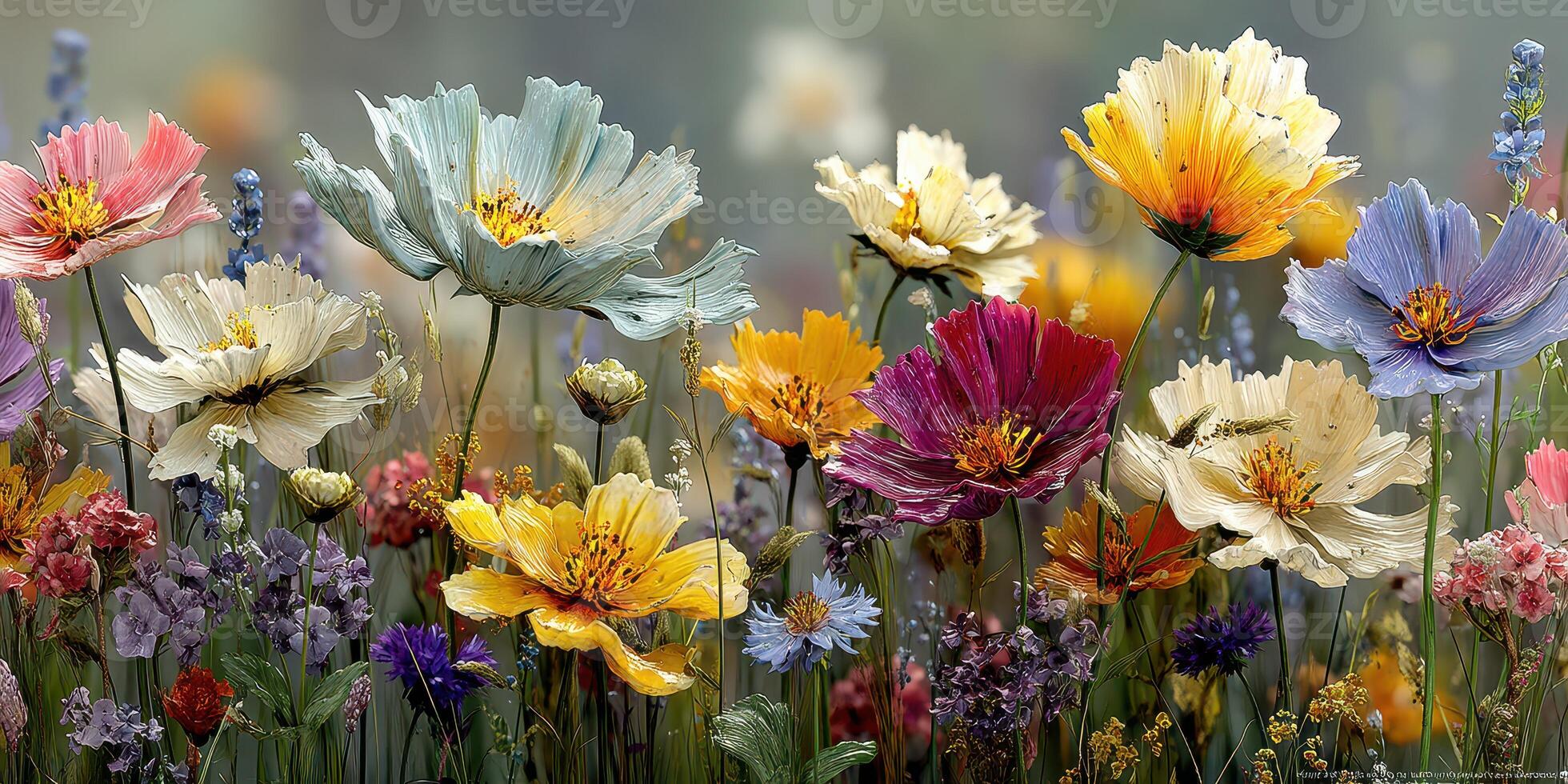 Colorful wildflowers bloom under soft sunlight in a serene meadow setting during springtime photo