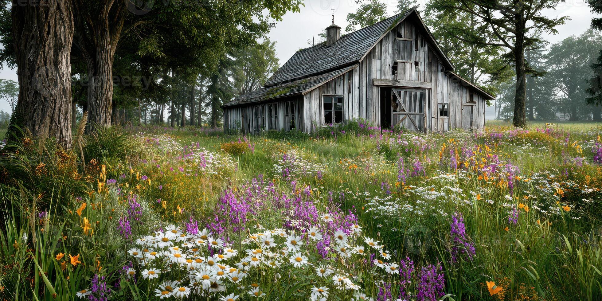 Old wooden barn surrounded by vibrant wildflowers in a serene meadow during early morning photo