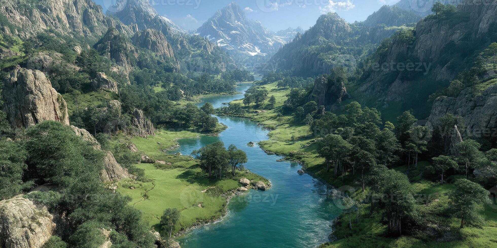 Serene river flows through lush valleys and towering mountains on a clear sunny day under a bright blue sky photo